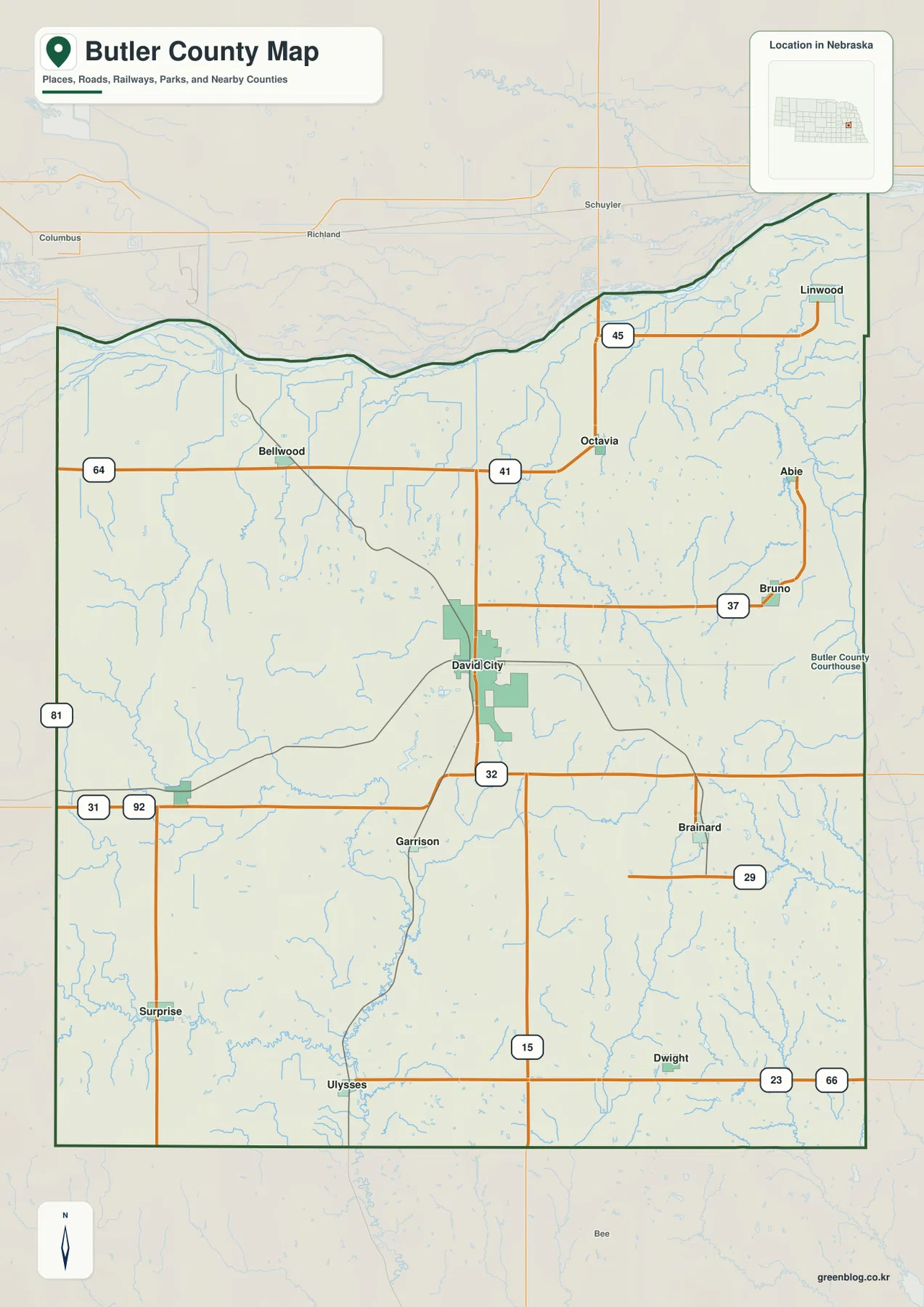 Butler County Nebraska map showing David City, Bellwood, Brainard, Dwight, Ulysses, roads, railways, streams, and county boundaries