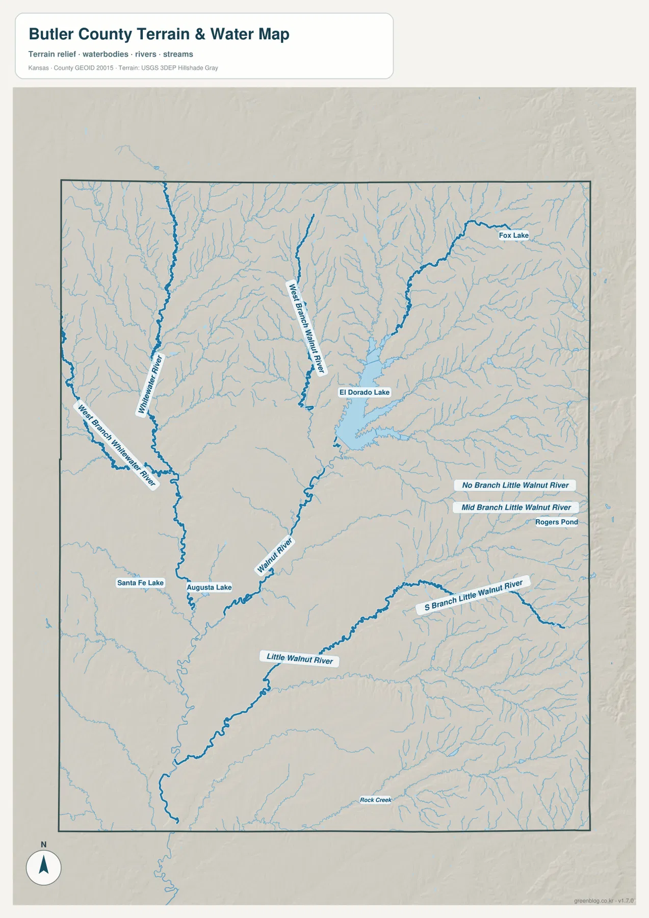 El Dorado Lake, Walnut River, Whitewater River, Little Walnut River와 주요 지류를 보여 주는 버틀러 카운티 수역·지형 지도