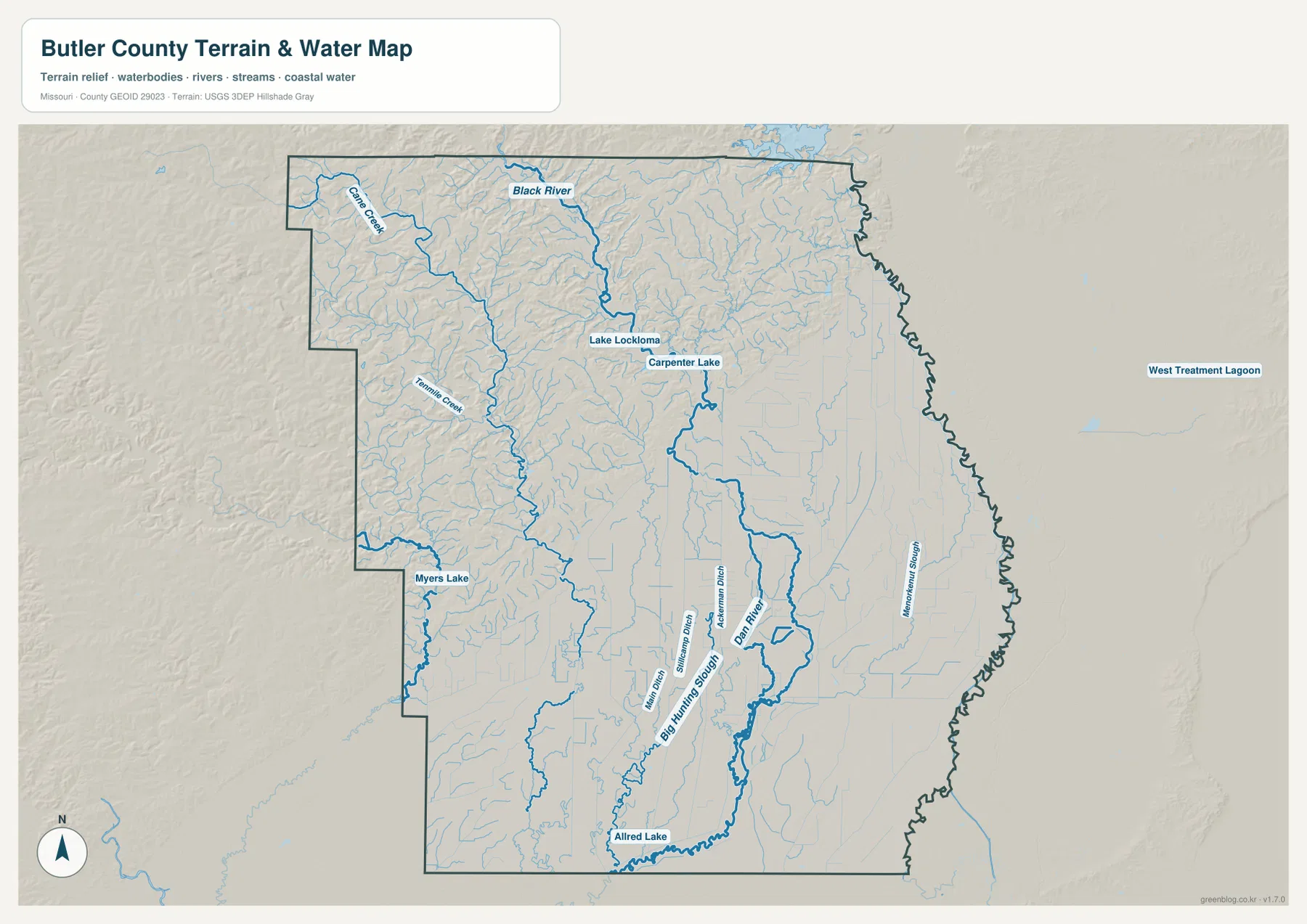 Butler County terrain and water map showing Black River, Cane Creek, Tenmile Creek, Dan River, Big Hunting Slough, lakes, and drainage ditches