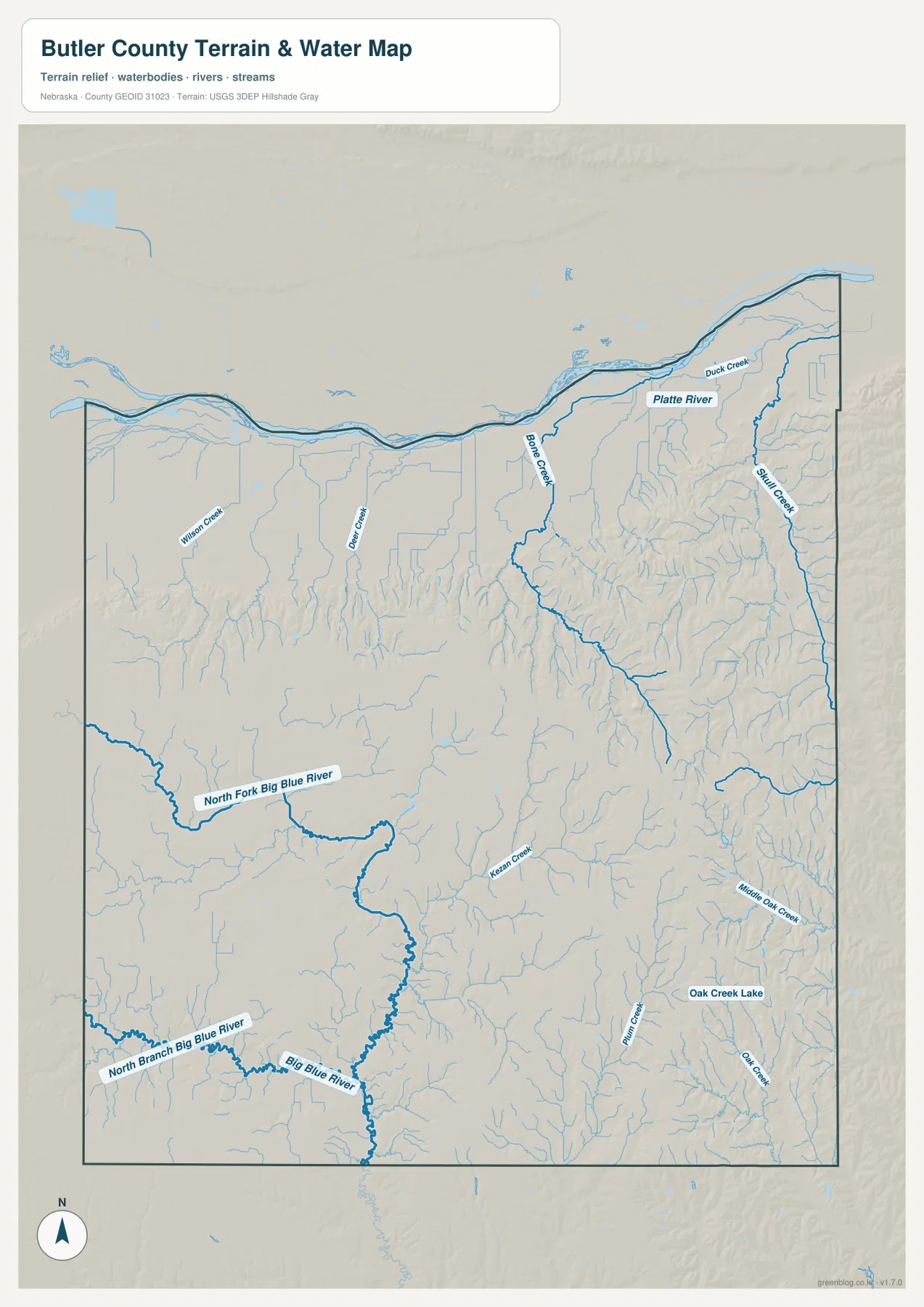 Butler County water map showing the Platte River, North Fork Big Blue River, Big Blue River, Skull Creek, Bone Creek, Oak Creek, and Oak Creek Lake