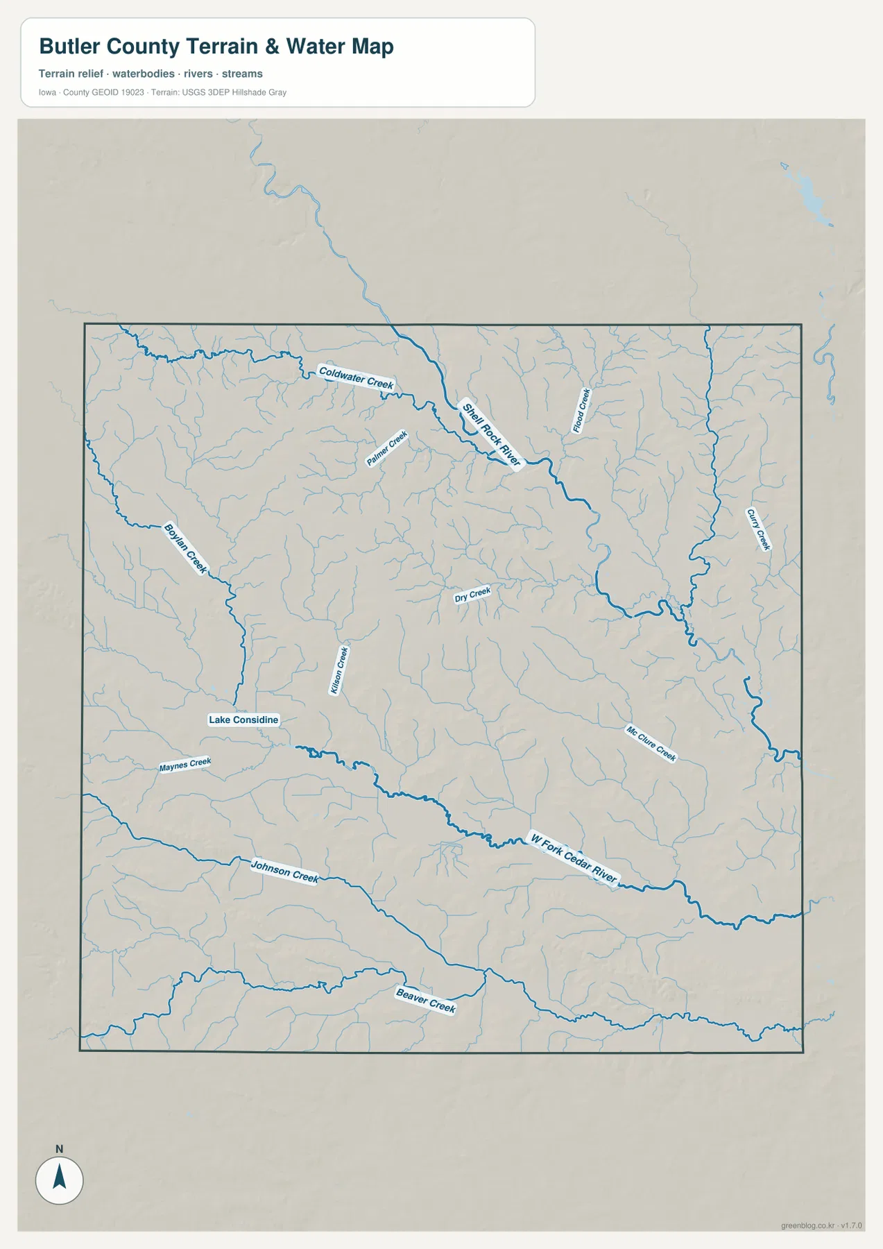Shell Rock River, N Fork Cedar River, Coldwater Creek, Boylan Creek와 Lake Considine를 표시한 버틀러 카운티 수역 지형 지도