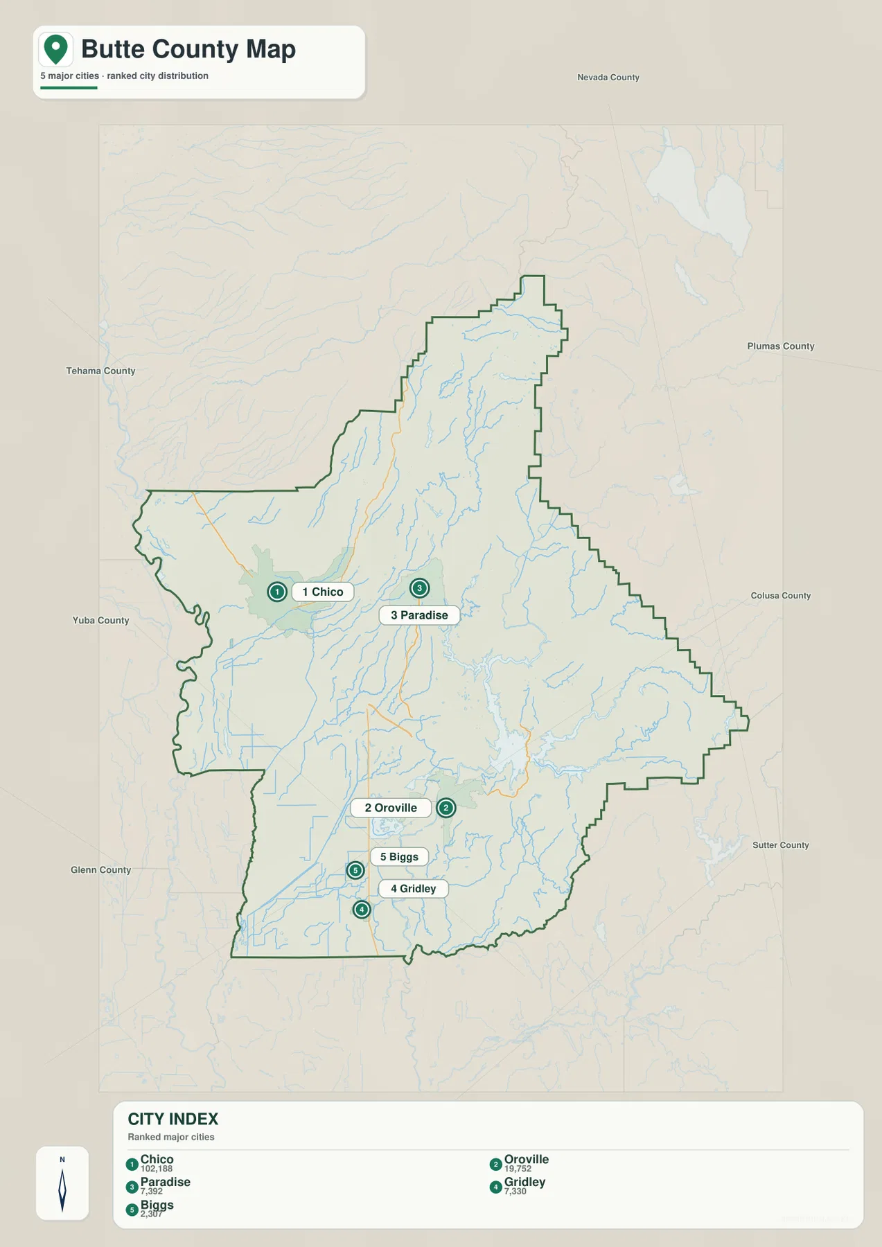 Butte County city map showing Chico, Oroville, Paradise, Gridley, and Biggs