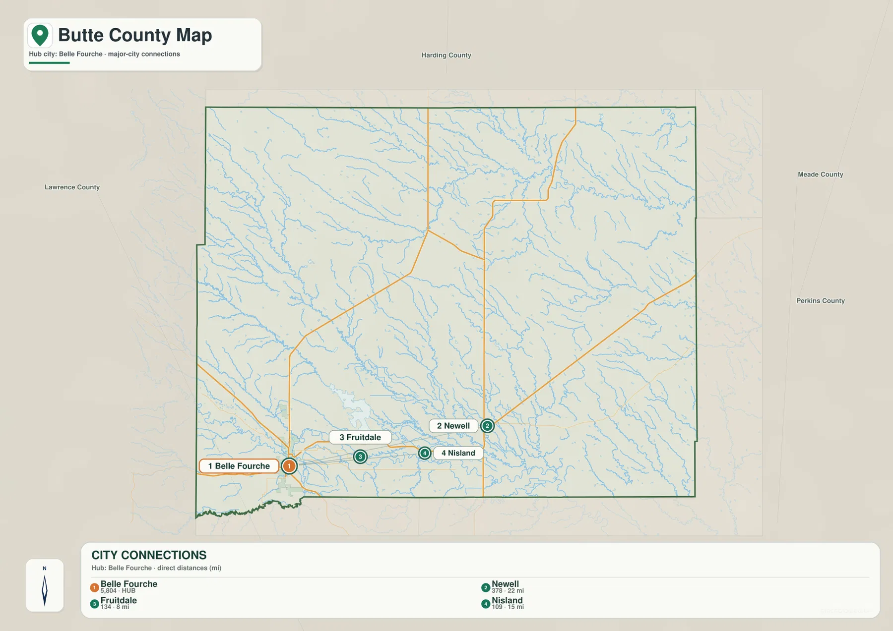 Butte County city connections map showing straight-line distances from Belle Fourche to Fruitdale, Nisland, and Newell