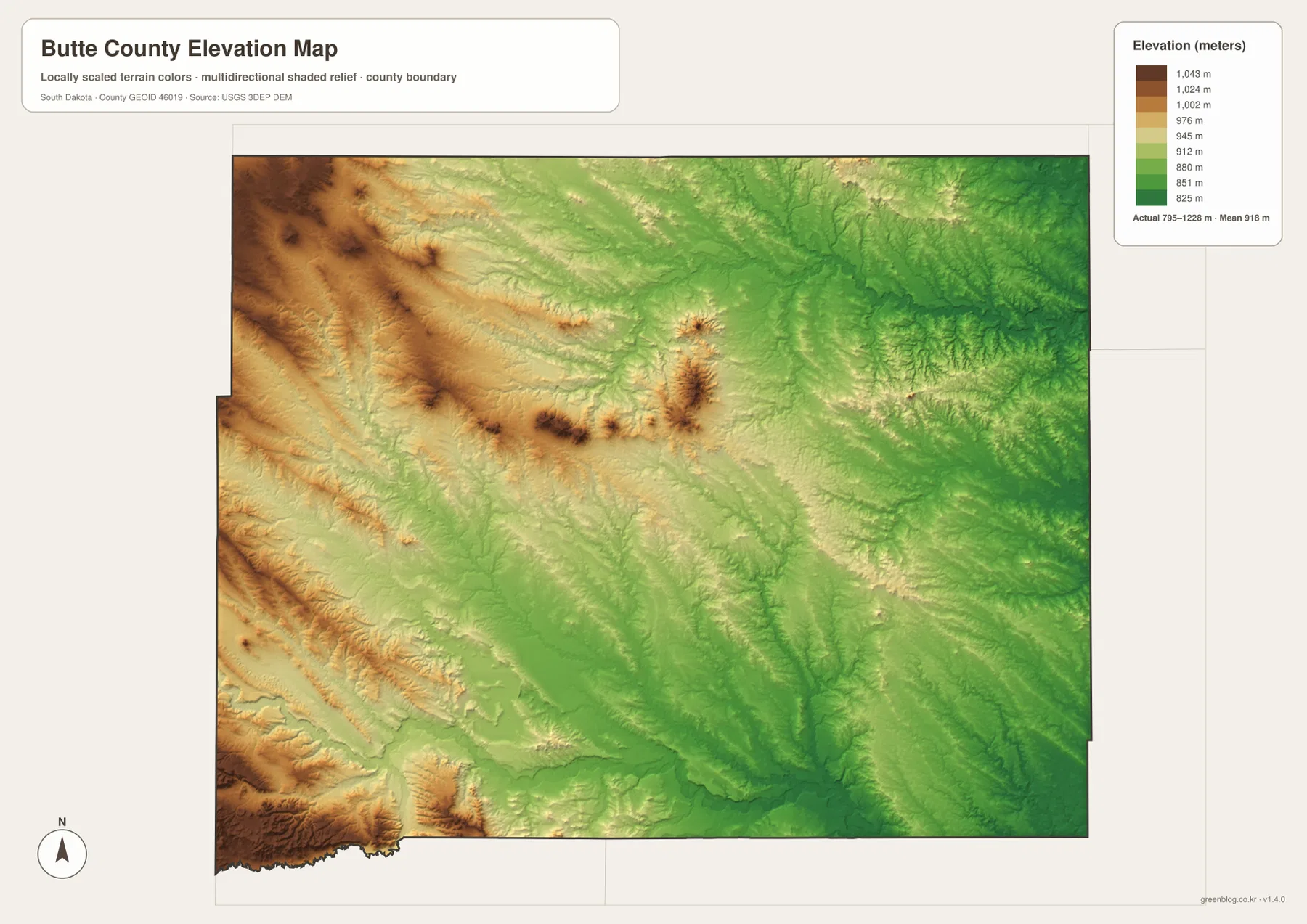 Butte County South Dakota elevation map with an actual range of 795 to 1228 meters and a mean of 918 meters