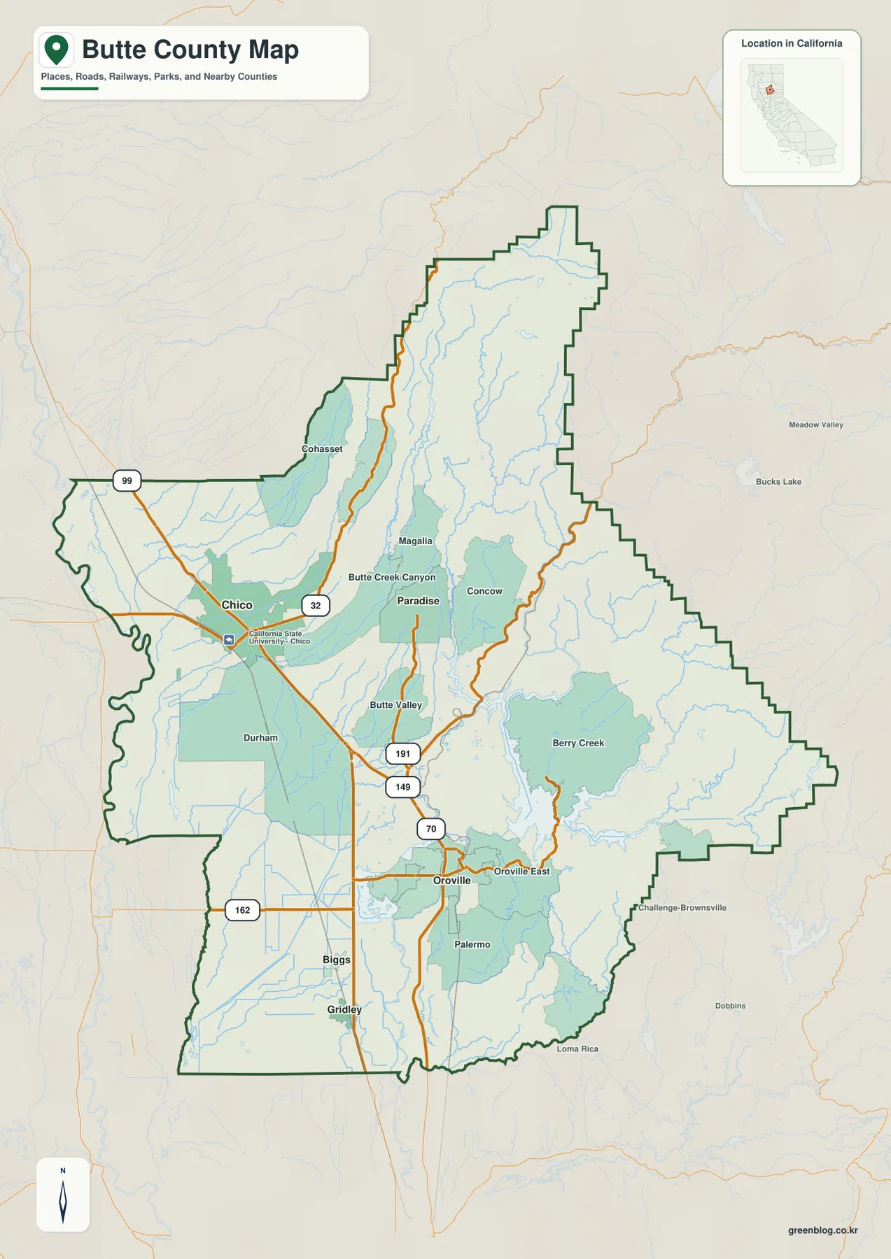 Butte County California reference map showing Chico, Oroville, Paradise, Gridley, Biggs, highways, streams, and the county boundary