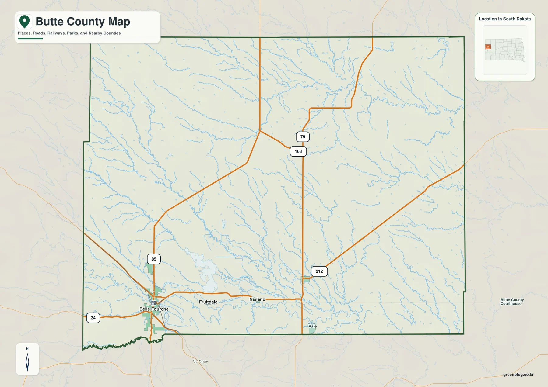 Butte County South Dakota map showing Belle Fourche, Fruitdale, Nisland, Vale, US 85, US 212, and SD 34