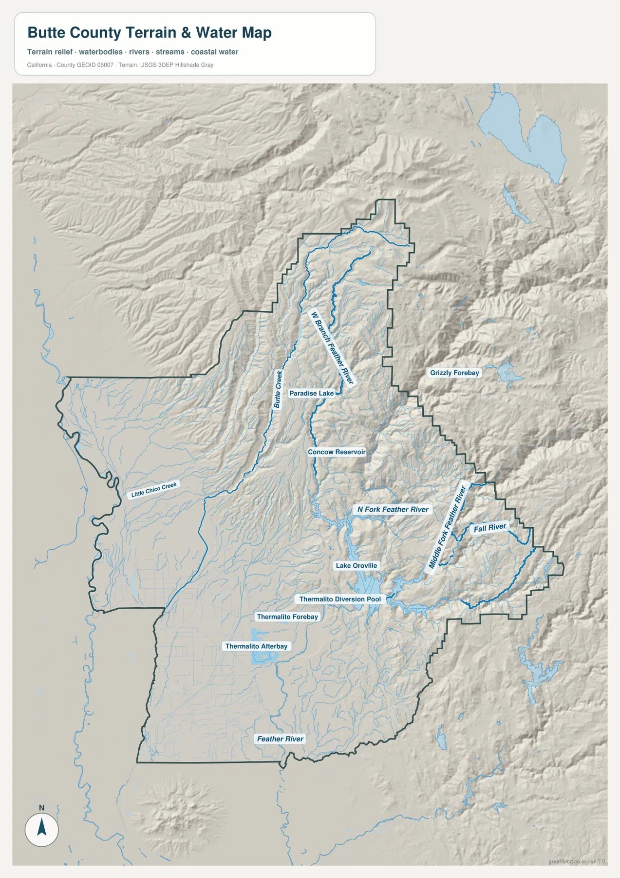 Butte County terrain and water map showing Lake Oroville, North Fork Feather River, Middle Fork Feather River, Thermalito Forebay, Afterbay, and mountain relief