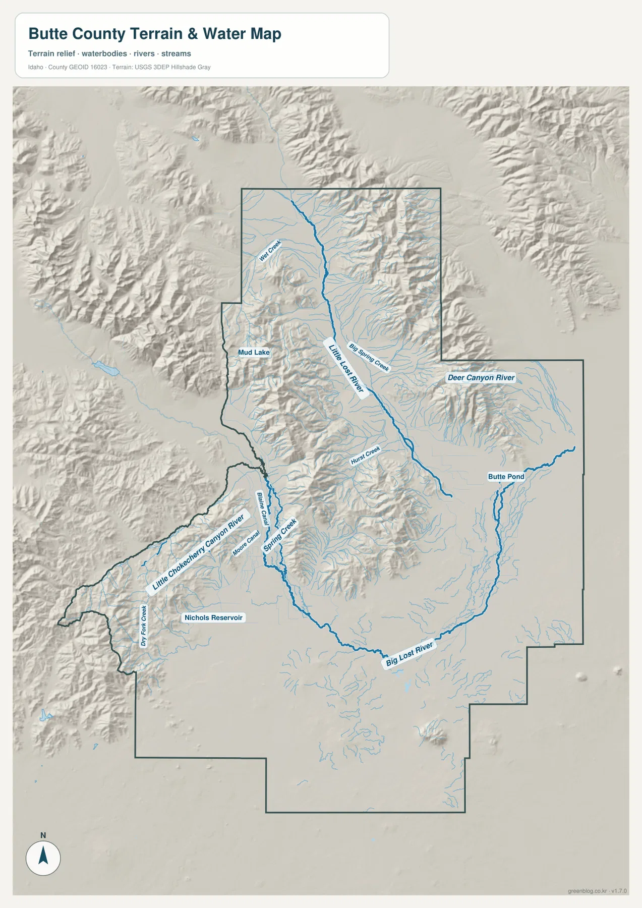 Butte County 수역 지도에 표시된 Big Lost River, Little Lost River, Nichols Reservoir와 산지 지류