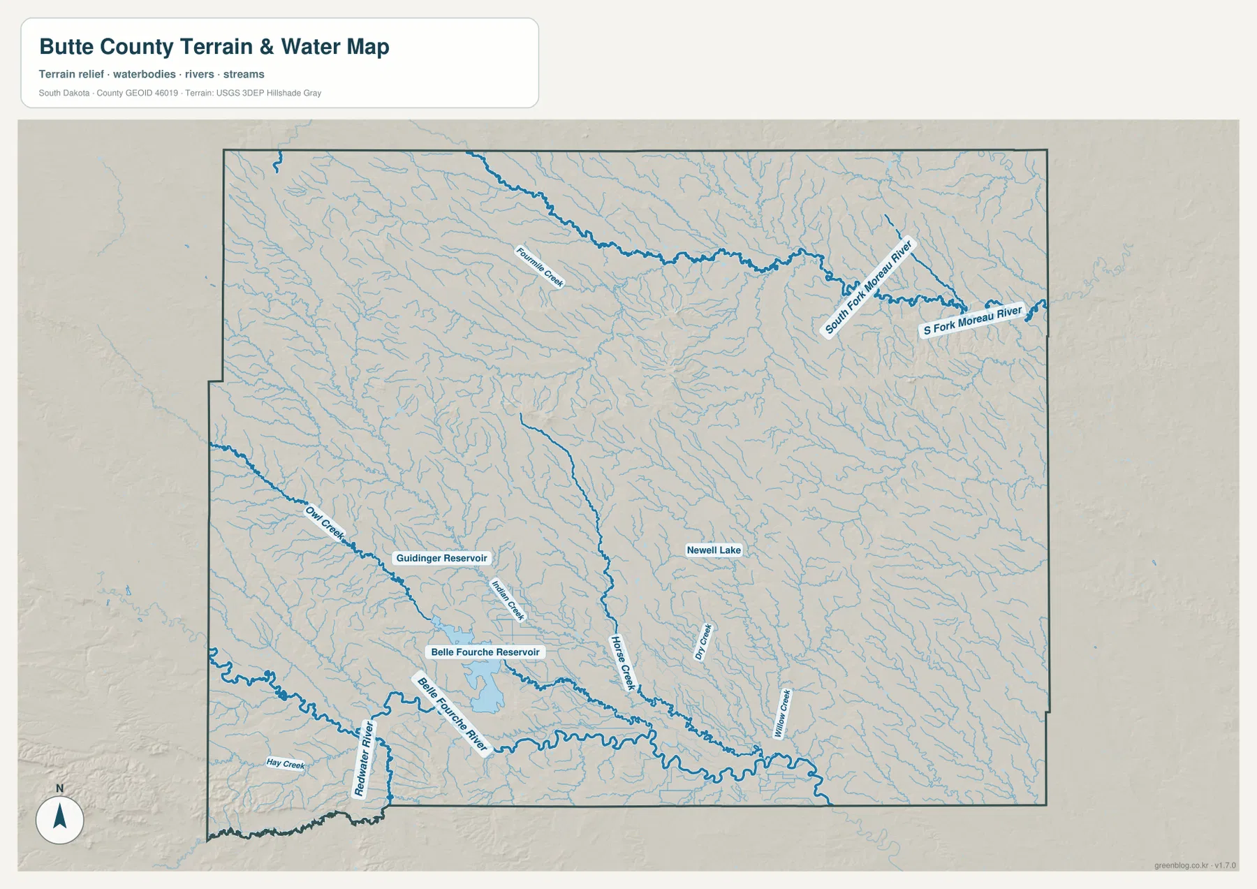 Butte County water map showing Belle Fourche River, Belle Fourche Reservoir, Guidinger Reservoir, Newell Lake, and named creeks