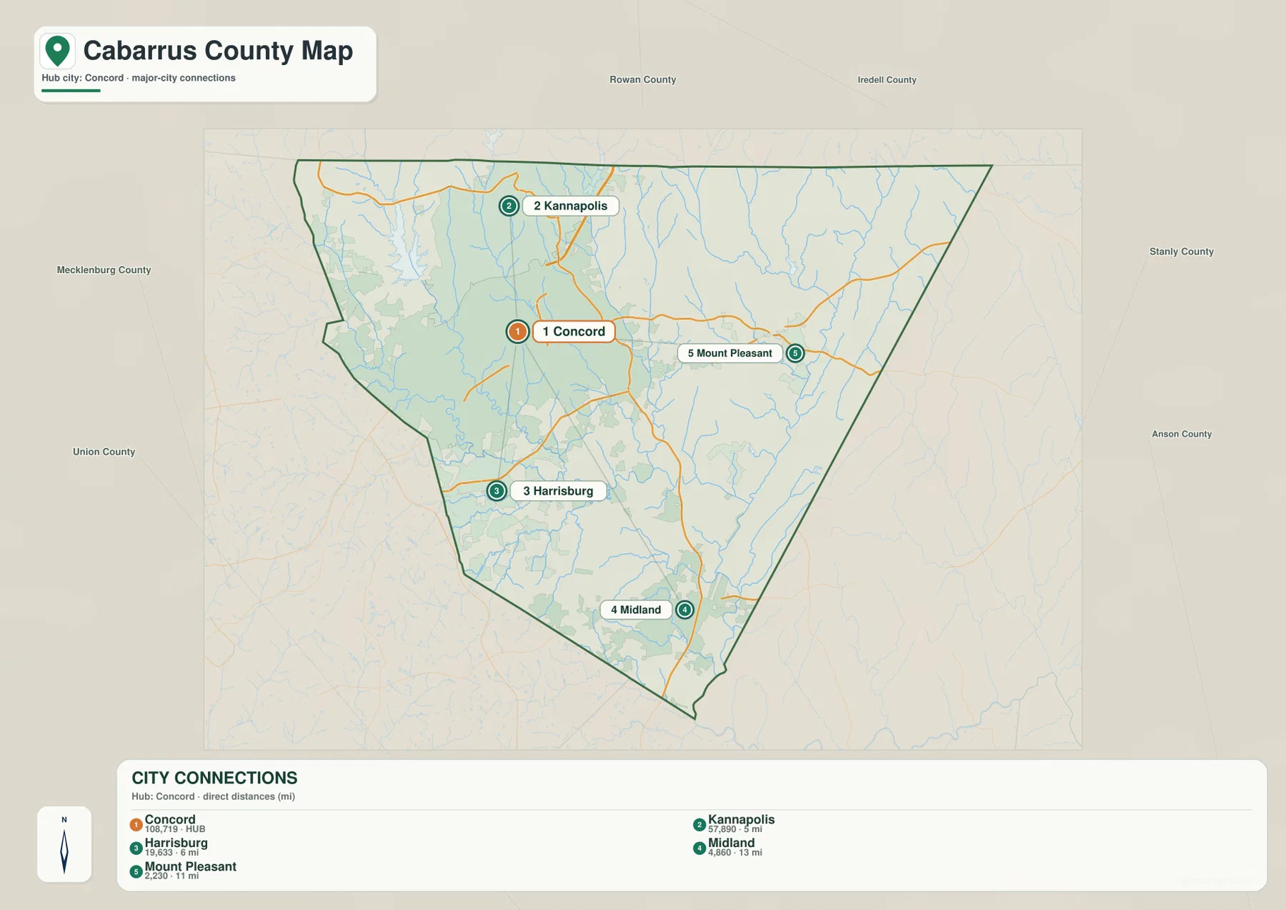 Cabarrus County city map with Concord Kannapolis Harrisburg Midland and Mount Pleasant