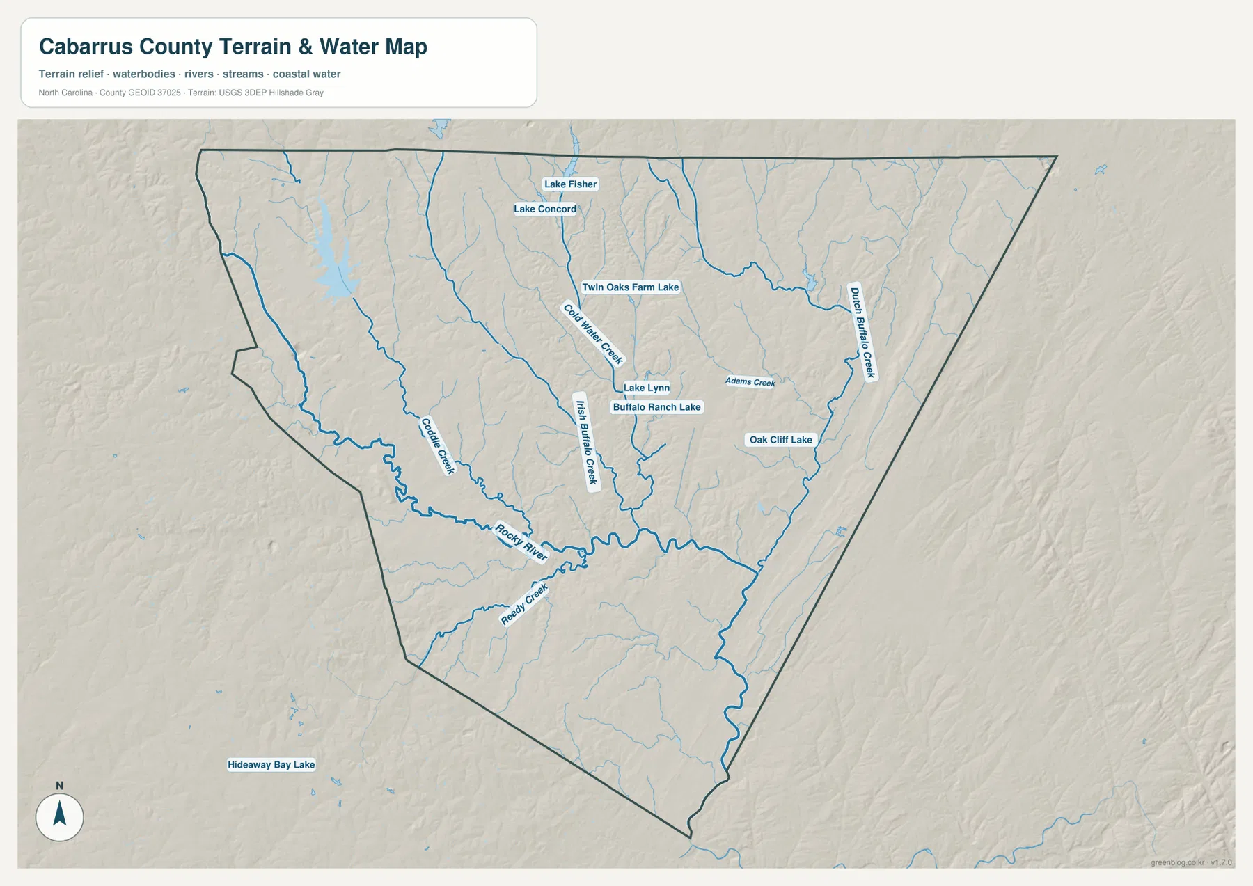 Cabarrus County water map with Rocky River Irish Buffalo Creek Cold Water Creek and Dutch Buffalo Creek