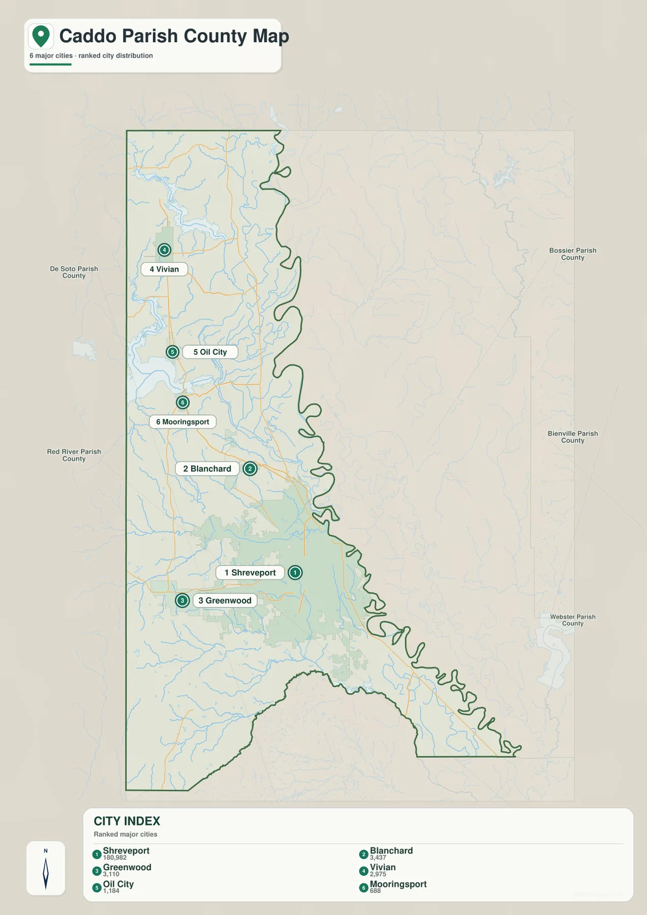 Caddo Parish city distribution map showing Shreveport, Blanchard, Greenwood, Vivian, Oil City, Mooringsport and neighboring Bossier, Bienville, Webster, Red River, and De Soto Parishes