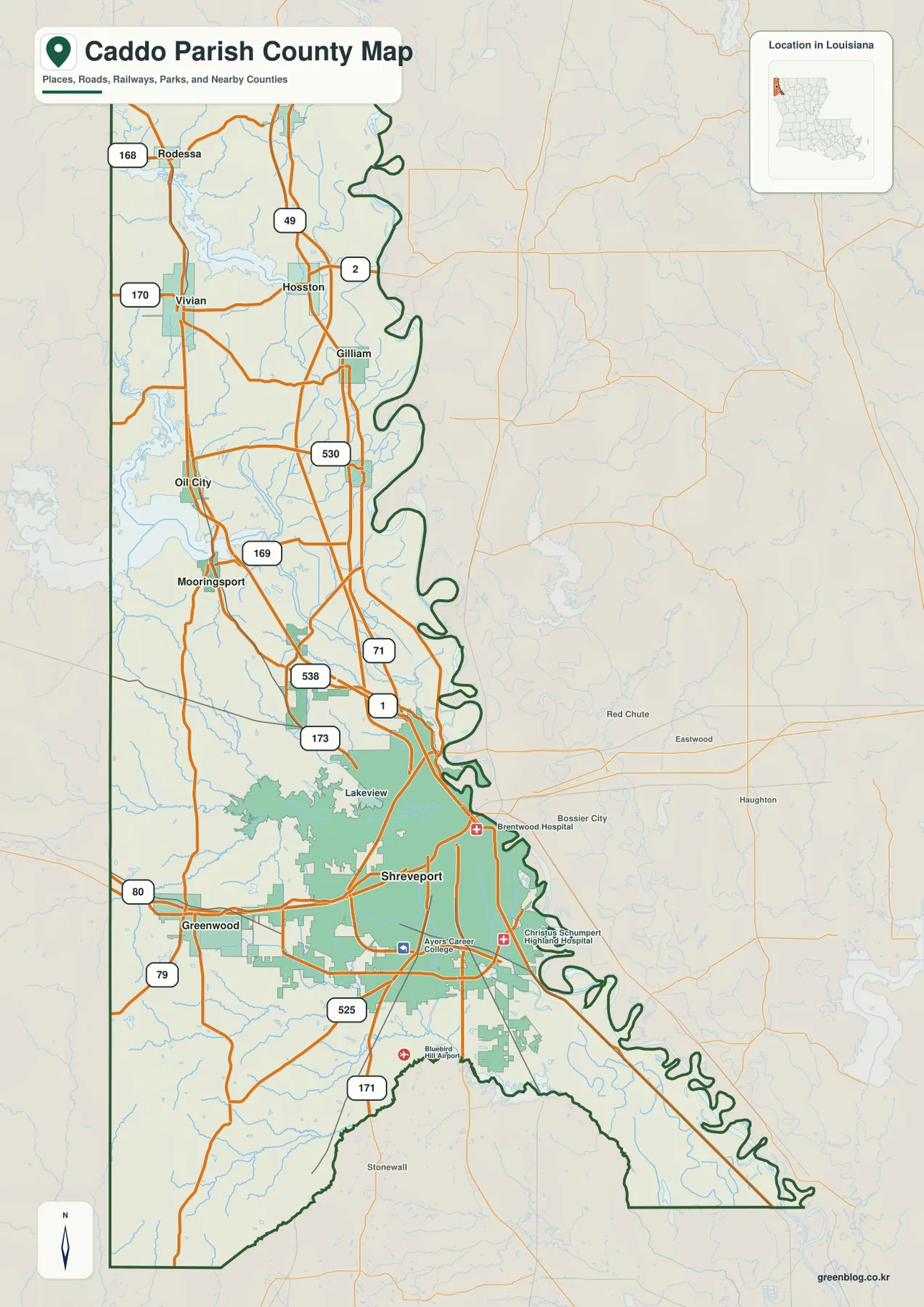 Caddo Parish road map showing Shreveport, Greenwood, Blanchard, Vivian, Oil City, Mooringsport, Hosston, Gilliam, Rodessa, US 71, US 80, US 171, LA 1, LA 2, LA 49, LA 79, LA 168, LA 169, LA 170, LA 173, LA 525, LA 530, and LA 538