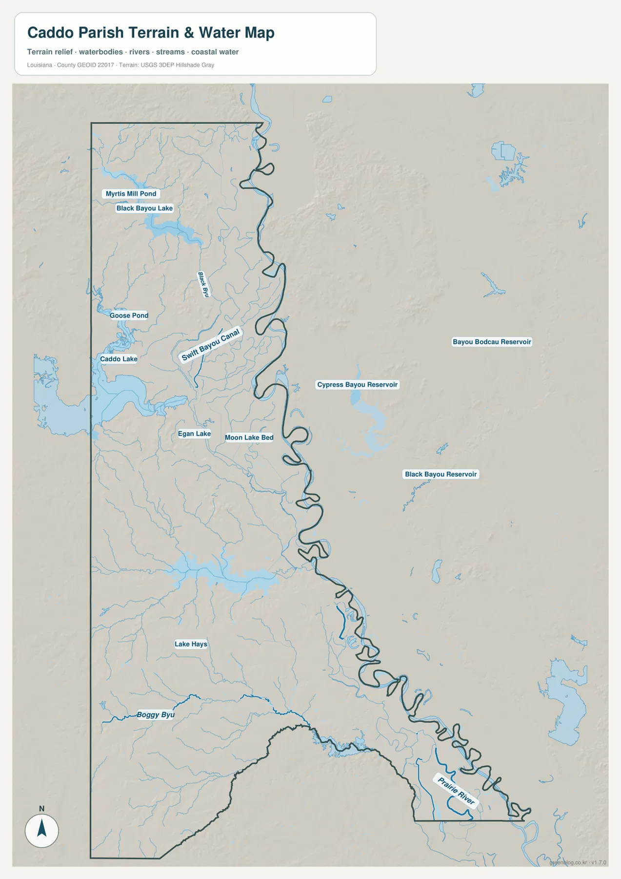 Caddo Parish terrain and water map showing Caddo Lake, Black Bayou Lake, Myrtis Mill Pond, Goose Pond, Black Bayou, Swift Bayou Canal, Egan Lake, Moon Lake Bed, Lake Hays, and Boggy Bayou