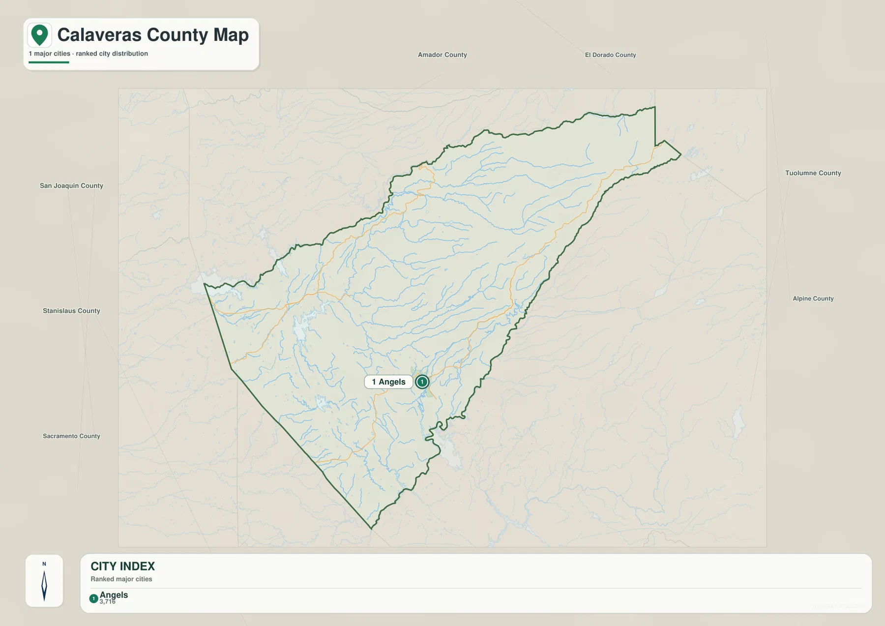Calaveras County city-distribution map showing Angels Camp as the single ranked incorporated city