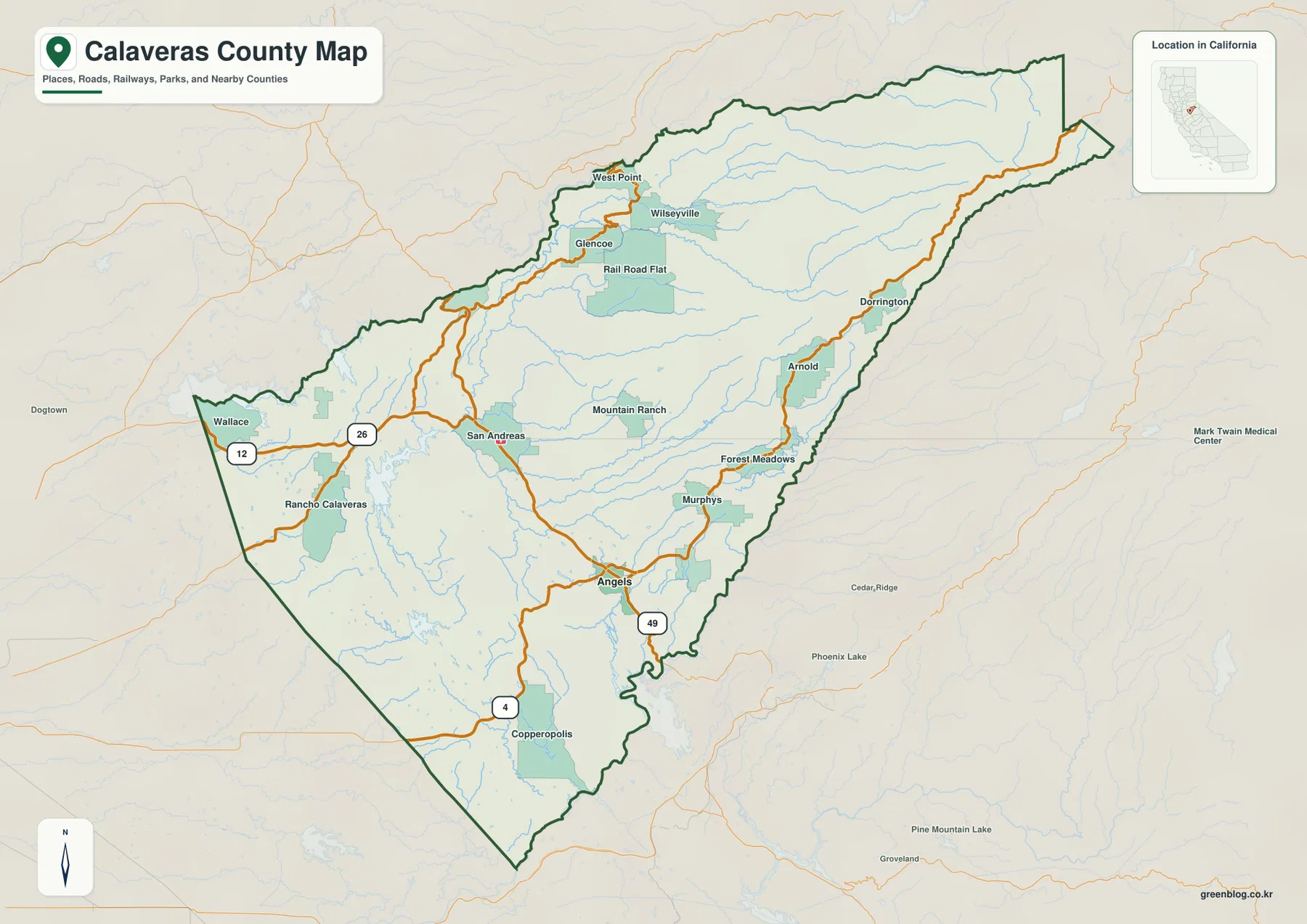 Calaveras County California reference map showing San Andreas, Angels Camp, Murphys, Arnold, Copperopolis, West Point, highways, streams, and county boundary