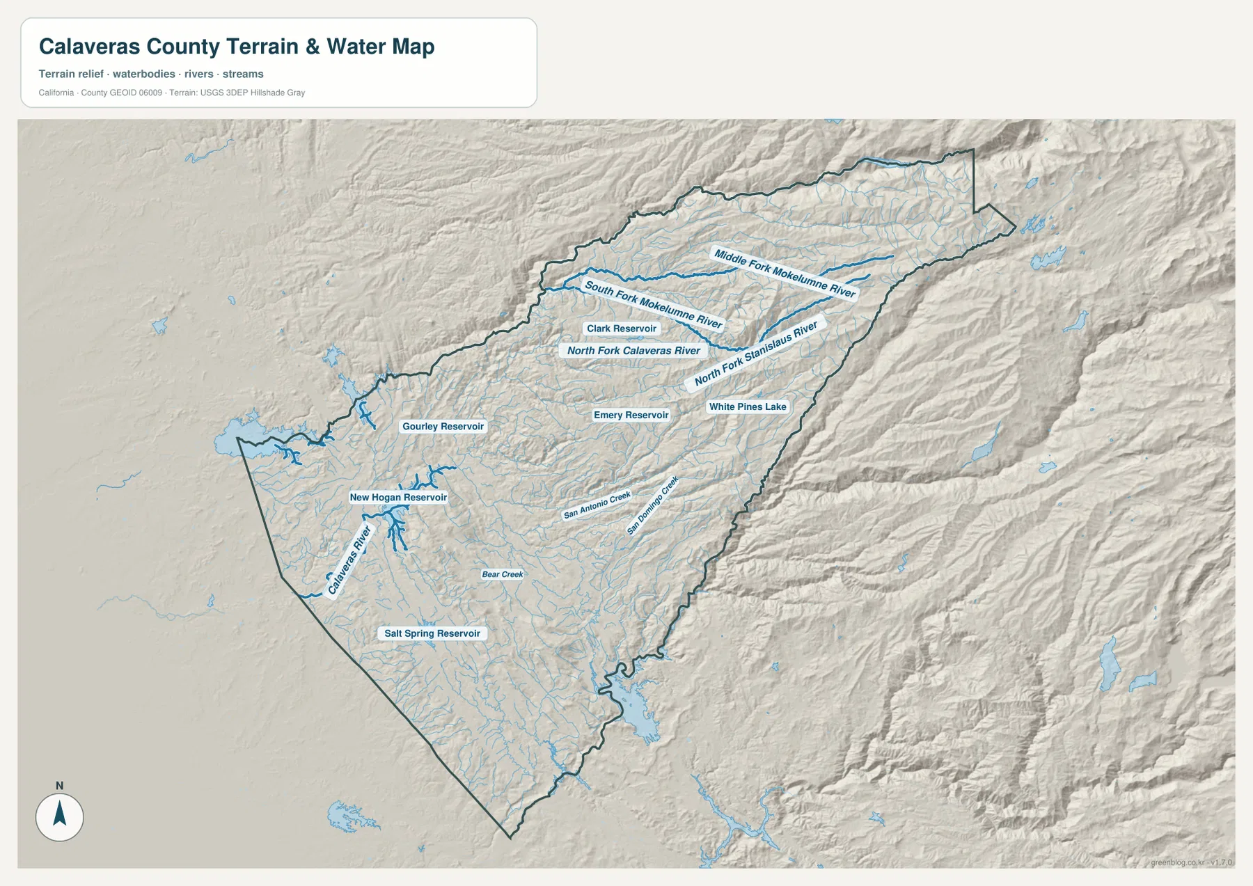 Calaveras County terrain and water map showing Mokelumne River forks, Calaveras River, North Fork Stanislaus River, New Hogan Reservoir, and mountain relief