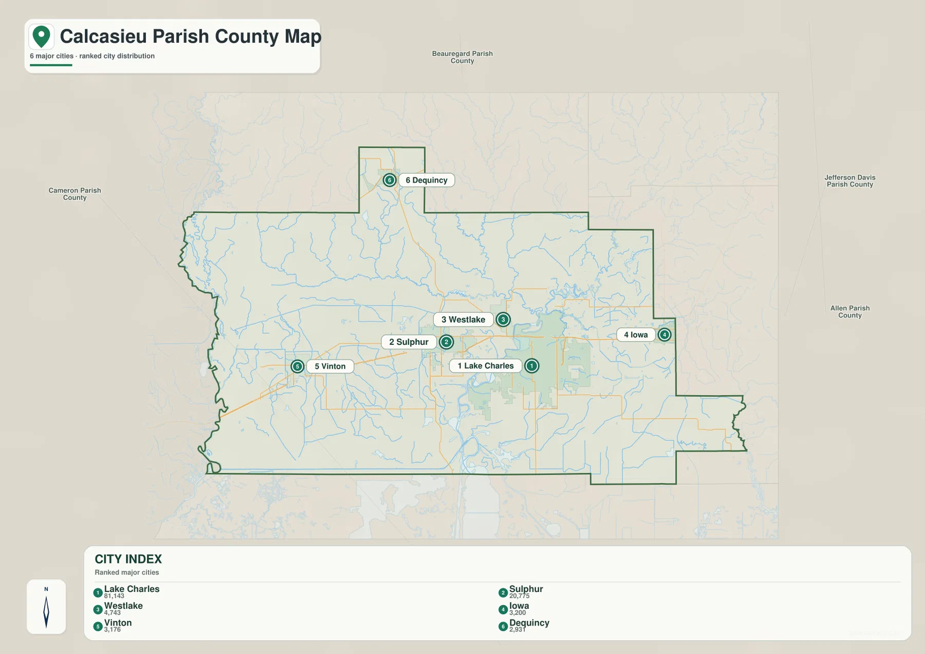 Calcasieu Parish city distribution map showing Lake Charles, Sulphur, Westlake, Iowa, Vinton, DeQuincy and neighboring Cameron, Beauregard, Jefferson Davis, and Allen Parishes