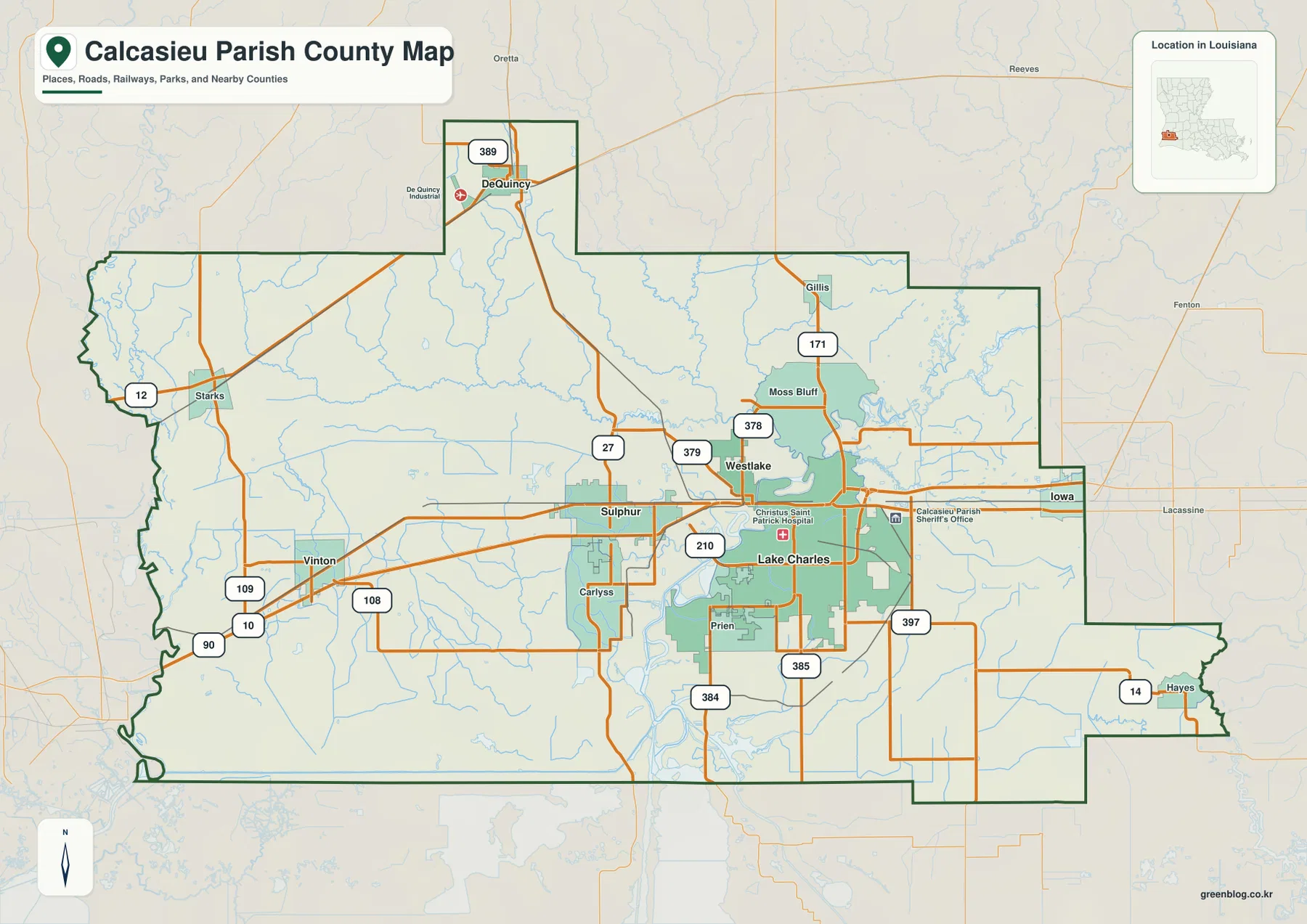 Calcasieu Parish road map showing Lake Charles, Sulphur, Westlake, Vinton, DeQuincy, Iowa, Moss Bluff, Gillis, US 90, US 171, LA 27, LA 108, LA 109, LA 210, LA 378, LA 379, LA 384, LA 385, LA 389, and LA 397