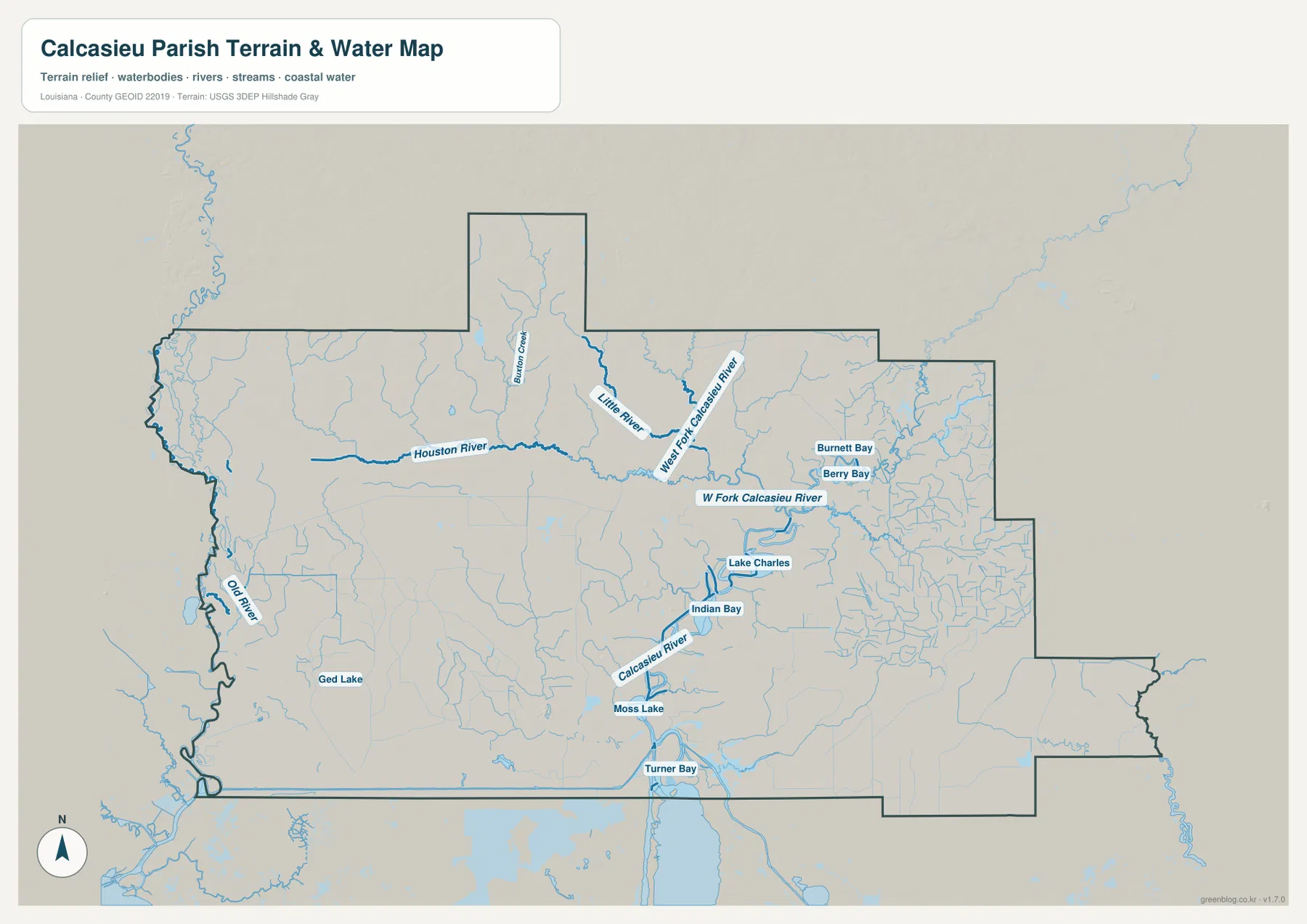 Calcasieu Parish terrain and water map showing Calcasieu River, West Fork Calcasieu River, Houston River, Burton Creek, Little River, Lake Charles, Indian Bay, Moss Lake, Turner Bay, Burnett Bay, Berry Bay, Old River, and Ged Lake