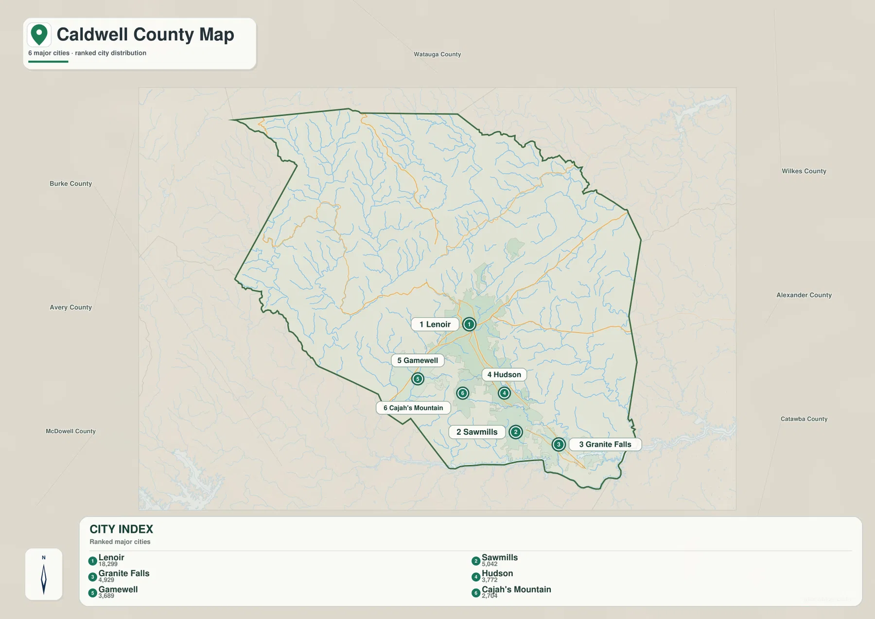 Caldwell County city distribution map with Lenoir Sawmills Granite Falls Hudson Gamewell and Cajahs Mountain