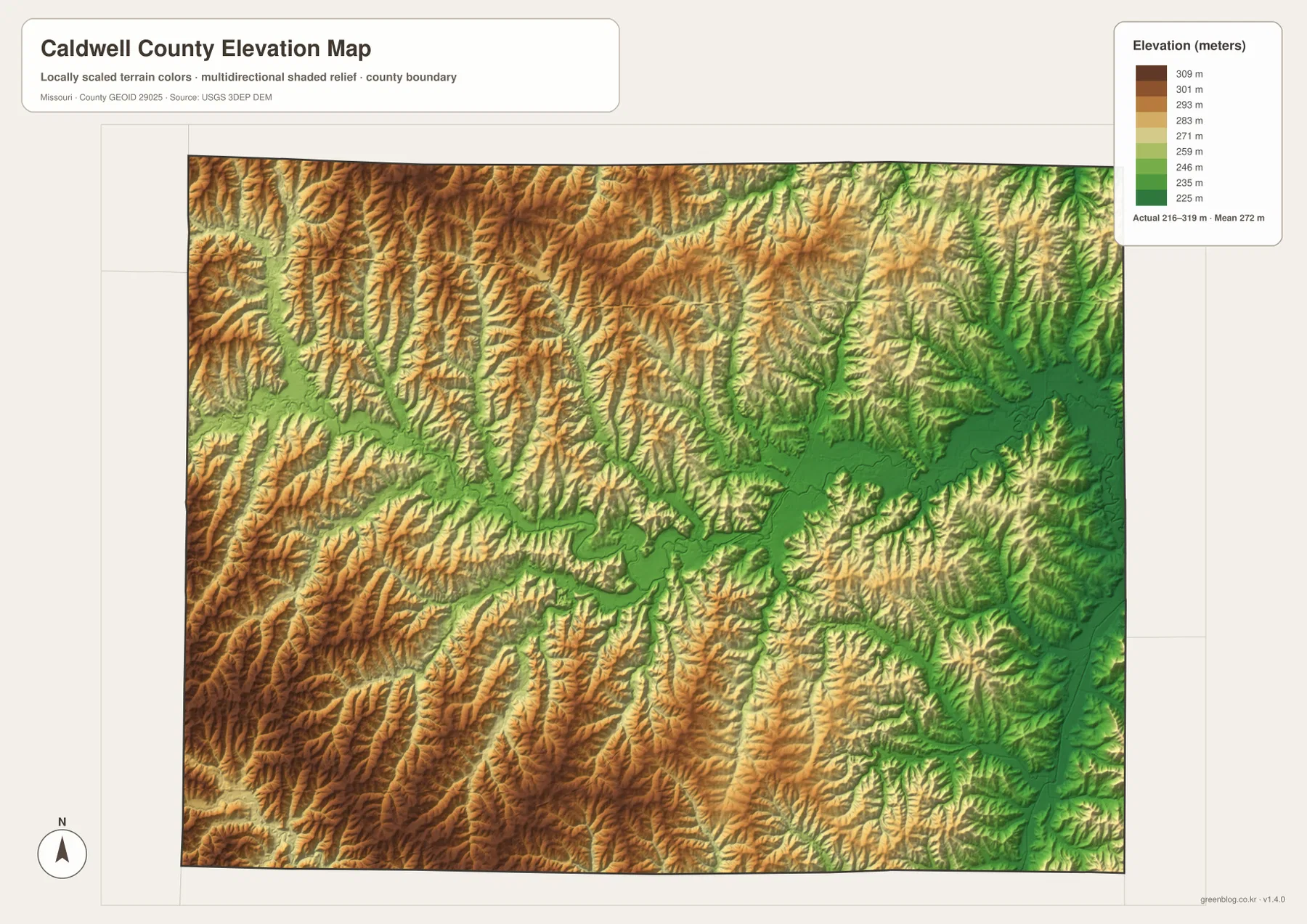 Caldwell County Missouri elevation map showing higher western ridges and lower central and eastern creek valleys