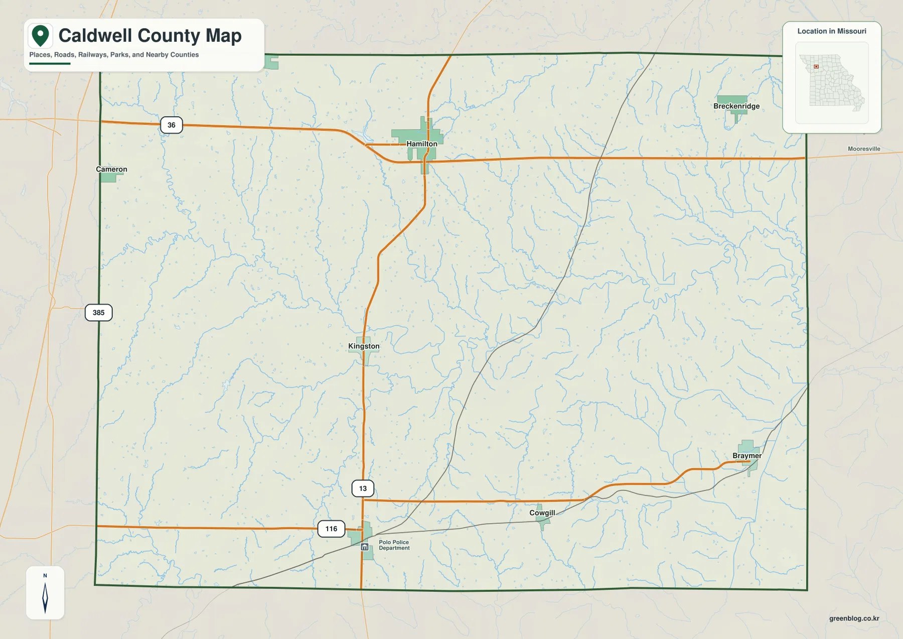 Caldwell County Missouri map showing Hamilton, Kingston, Braymer, Breckenridge, Polo, U.S. 36, Route 13, and Route 116