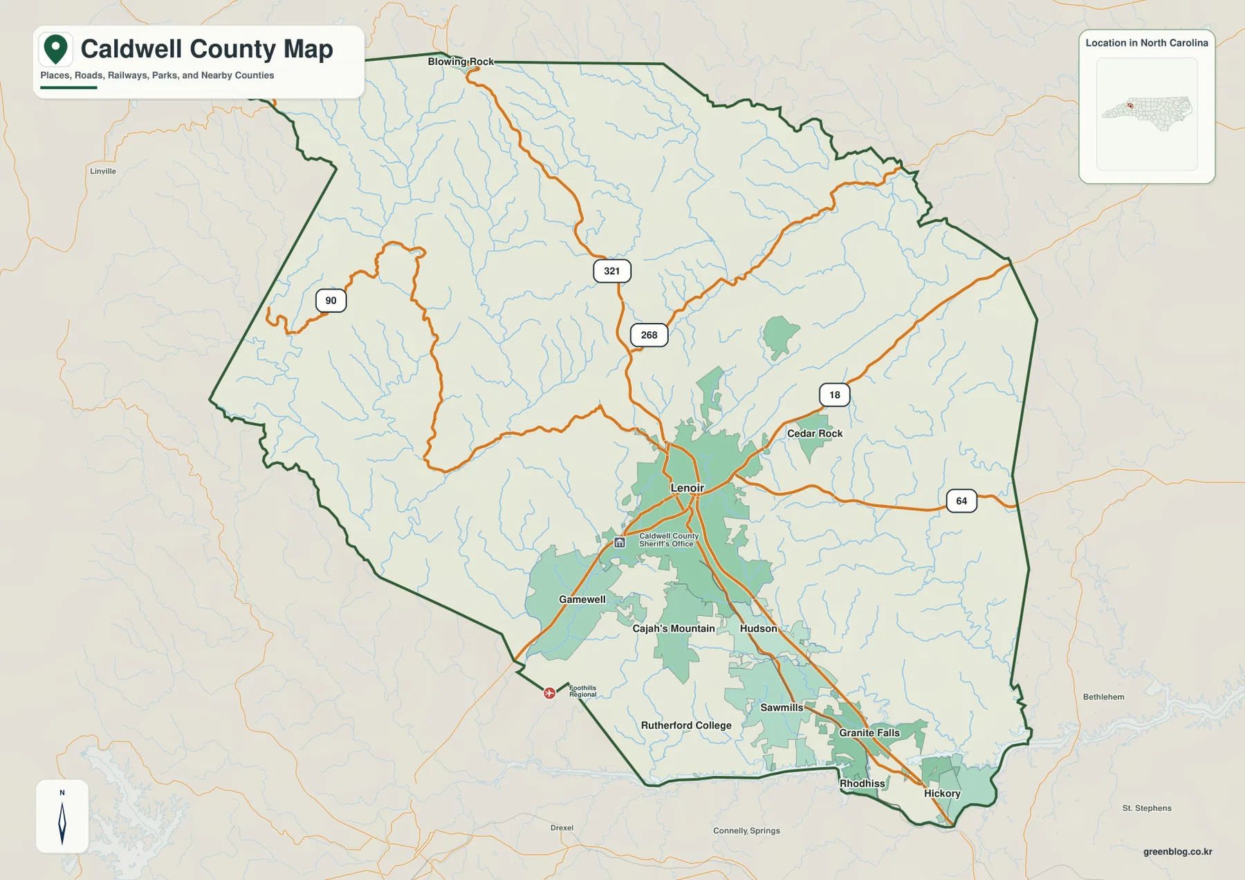 Caldwell County North Carolina map with Lenoir and major roads