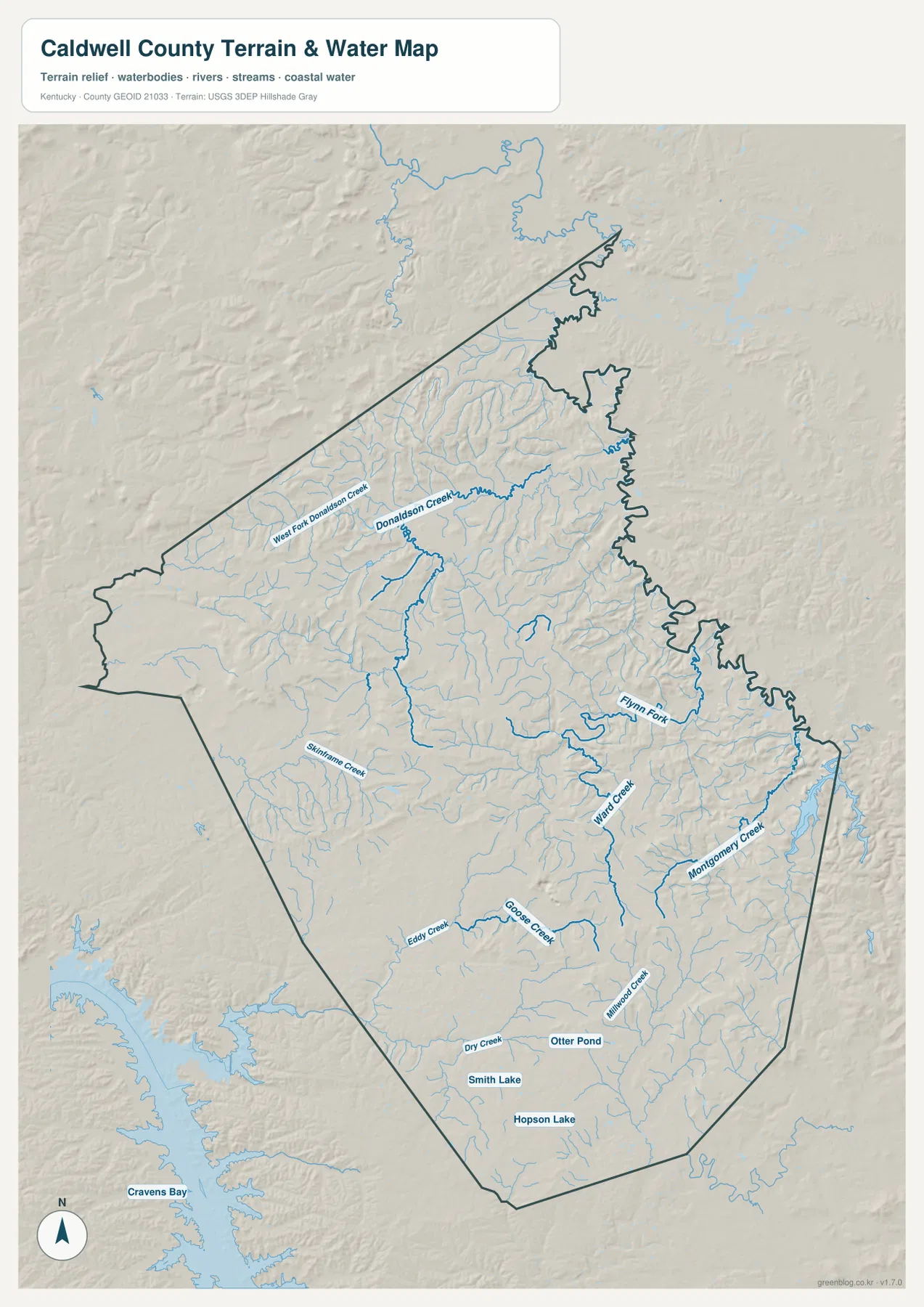 콜드웰 카운티의 Donaldson Creek, West Fork Donaldson Creek, Flynn Fork, Ward Creek, Montgomery Creek와 작은 호수를 표시한 수역 지도