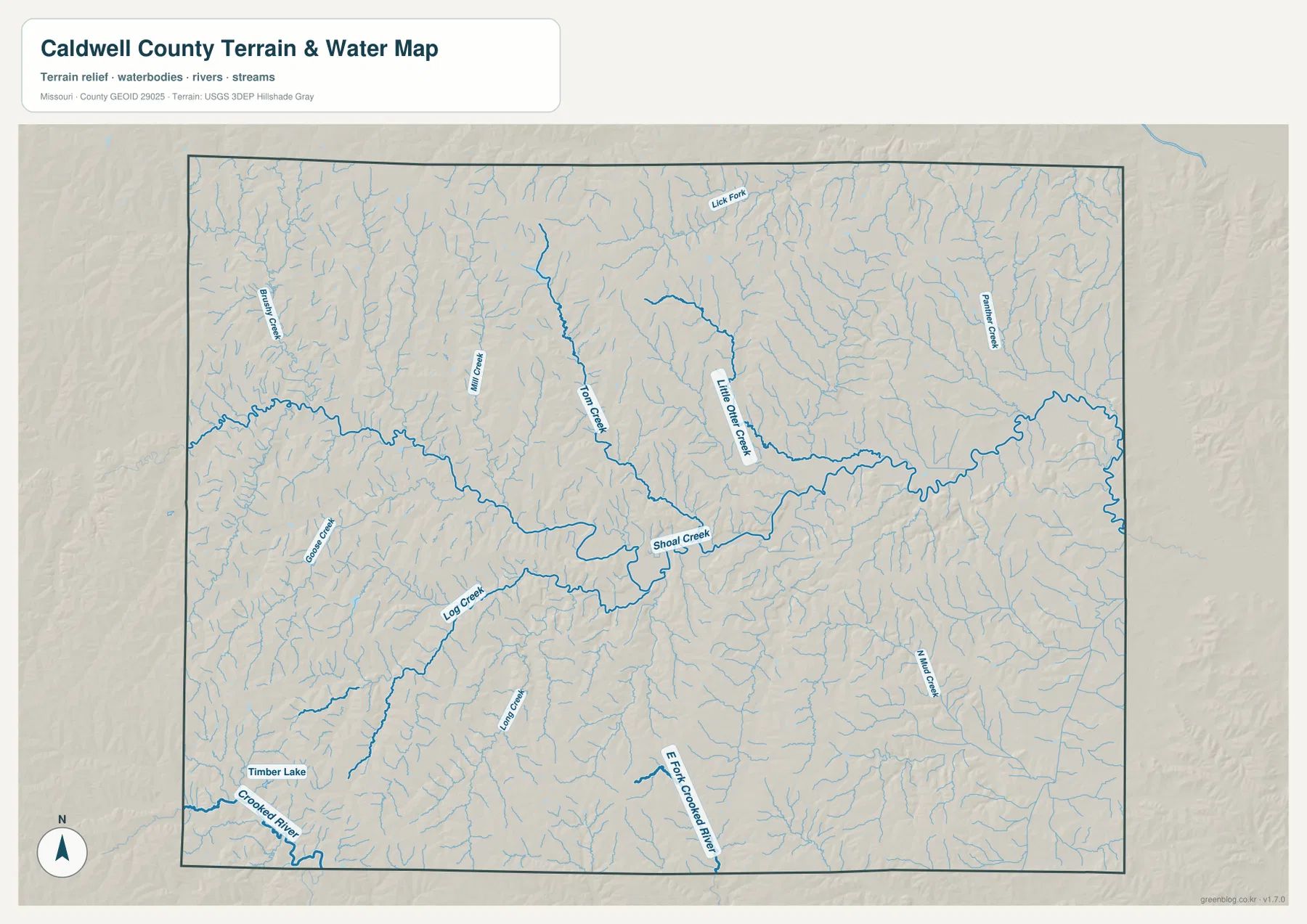 Caldwell County terrain and water map showing Shoal Creek, Little Otter Creek, Tom Creek, Crooked River, Log Creek, and tributaries