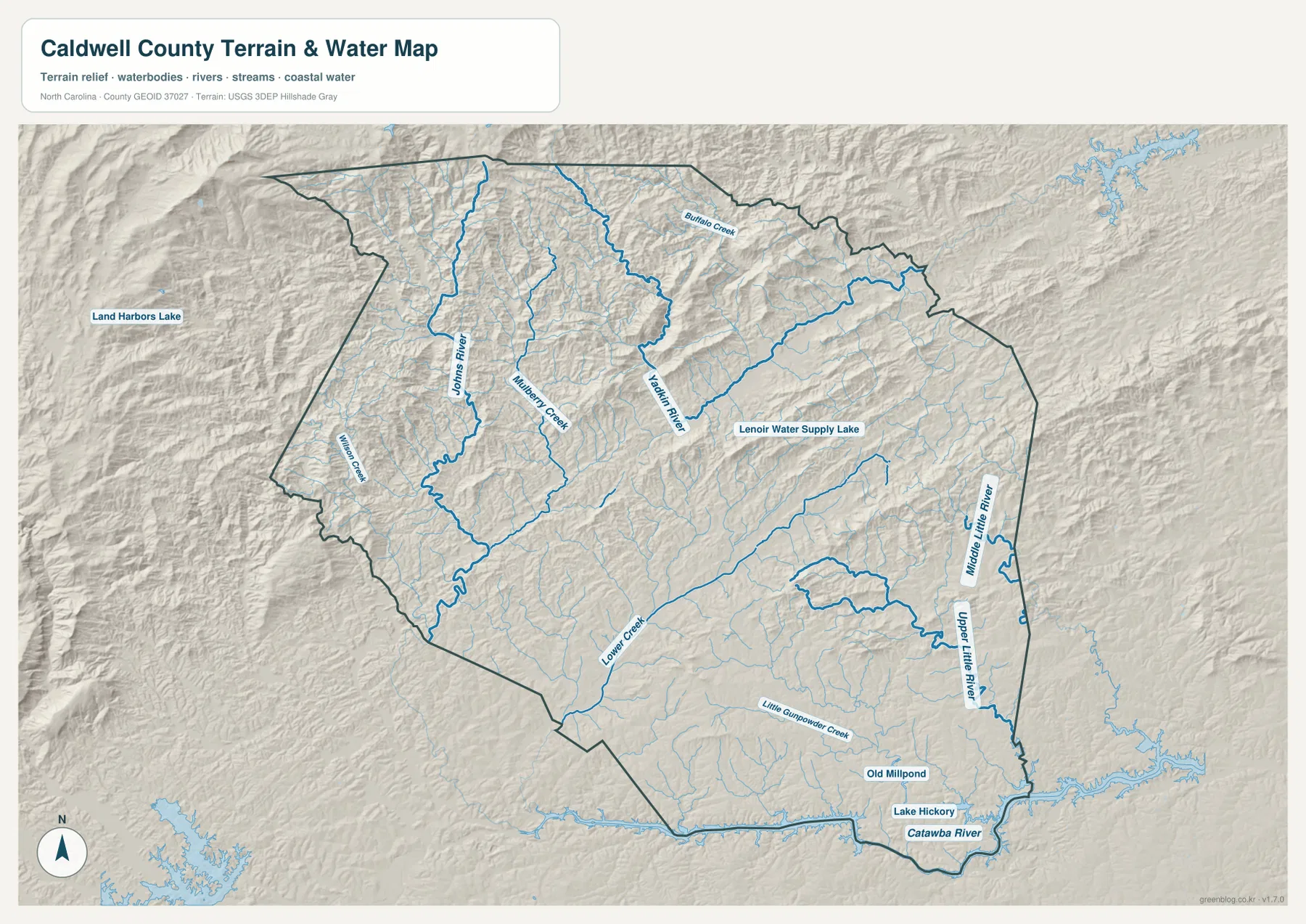 Caldwell County terrain and water map with Johns River Yadkin River Catawba River and Lake Hickory