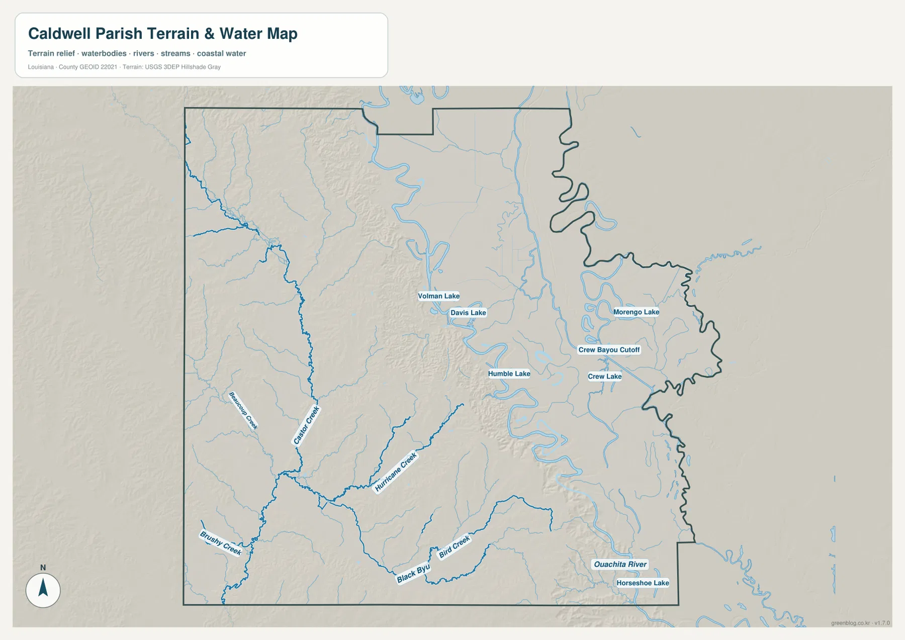 Caldwell Parish terrain and water map showing Ouachita River, Castor Creek, Hurricane Creek, Brushy Creek, Bird Creek, Volman Lake, Davis Lake, Humble Lake, Morengo Lake, Crew Bayou Cutoff, Crew Lake, and Horseshoe Lake