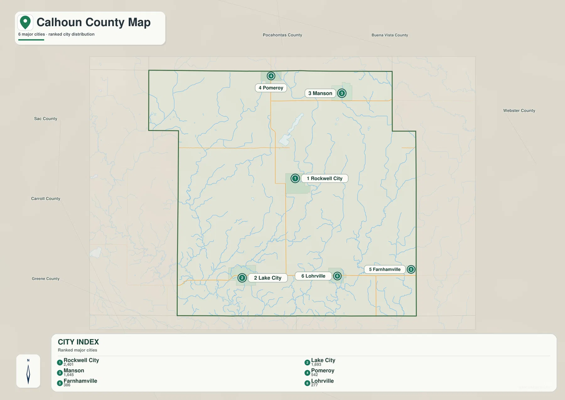 Ranked Calhoun County city map showing Rockwell City, Lake City, Manson, Pomeroy, Farnhamville, and Lohrville