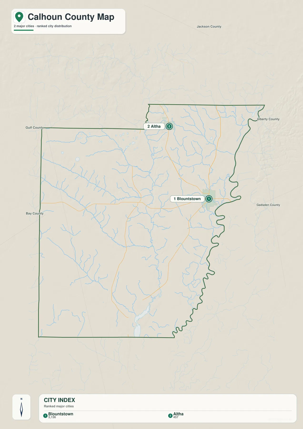 Calhoun County city map highlighting Blountstown and Altha