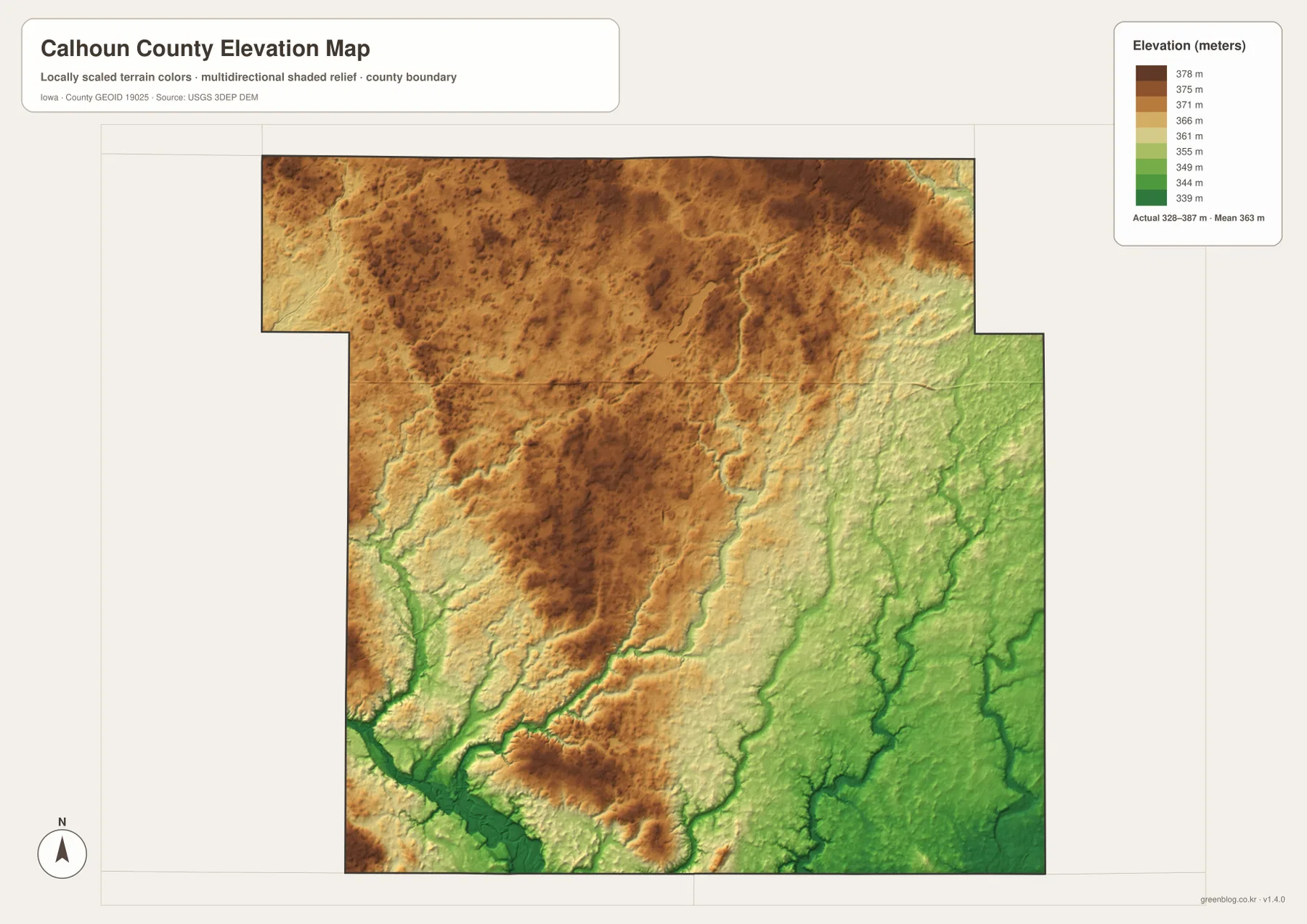 Calhoun County elevation map showing higher northern terrain and lower southeast and North Raccoon River valleys