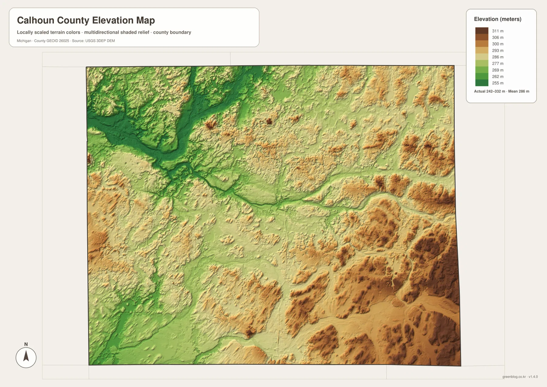 Calhoun County Michigan elevation map showing low Kalamazoo River valleys in the northwest and higher southeastern hills