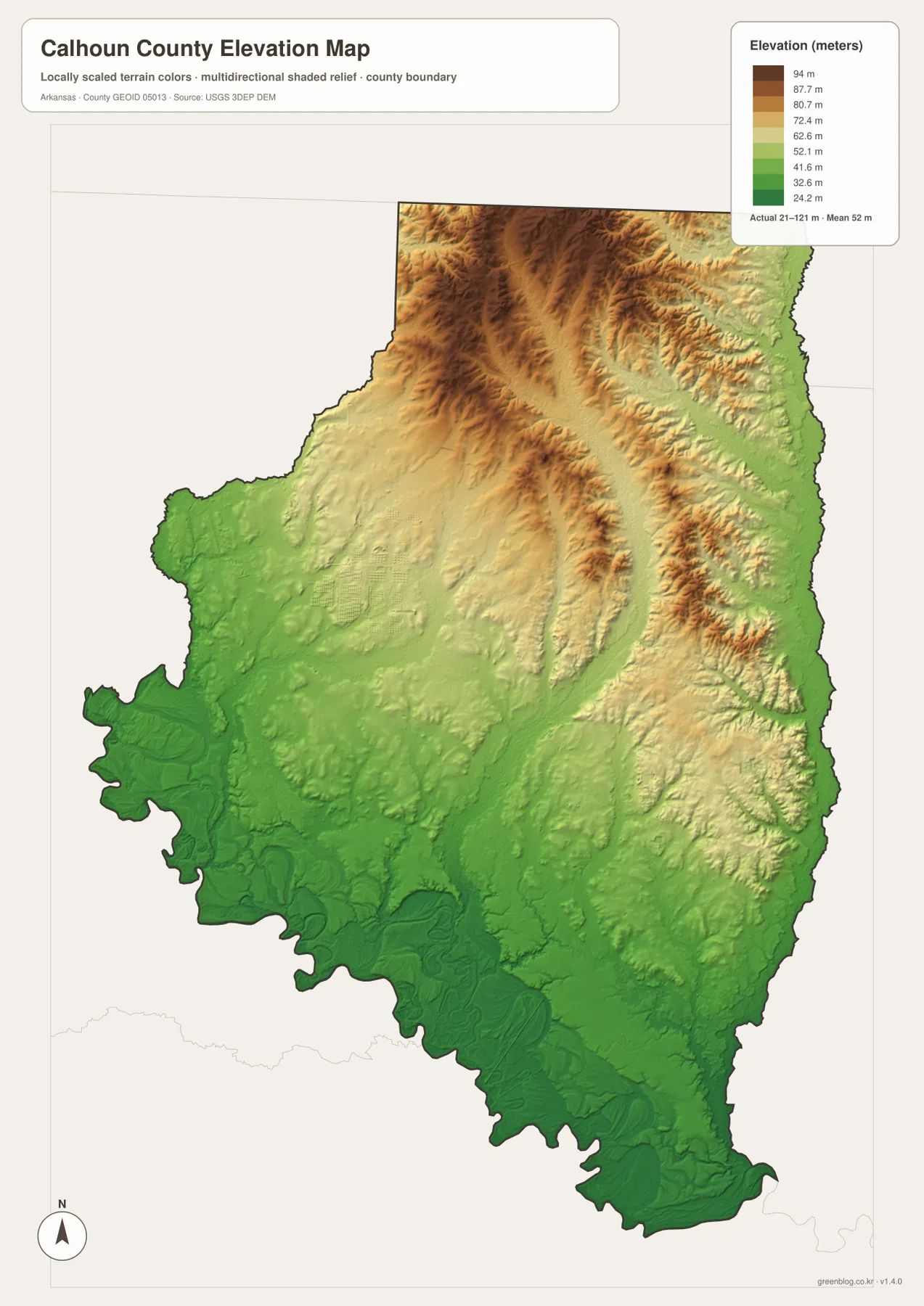 Calhoun County Arkansas elevation map showing about 21 to 121 meters of elevation, higher northern ridges, and lower southern terrain