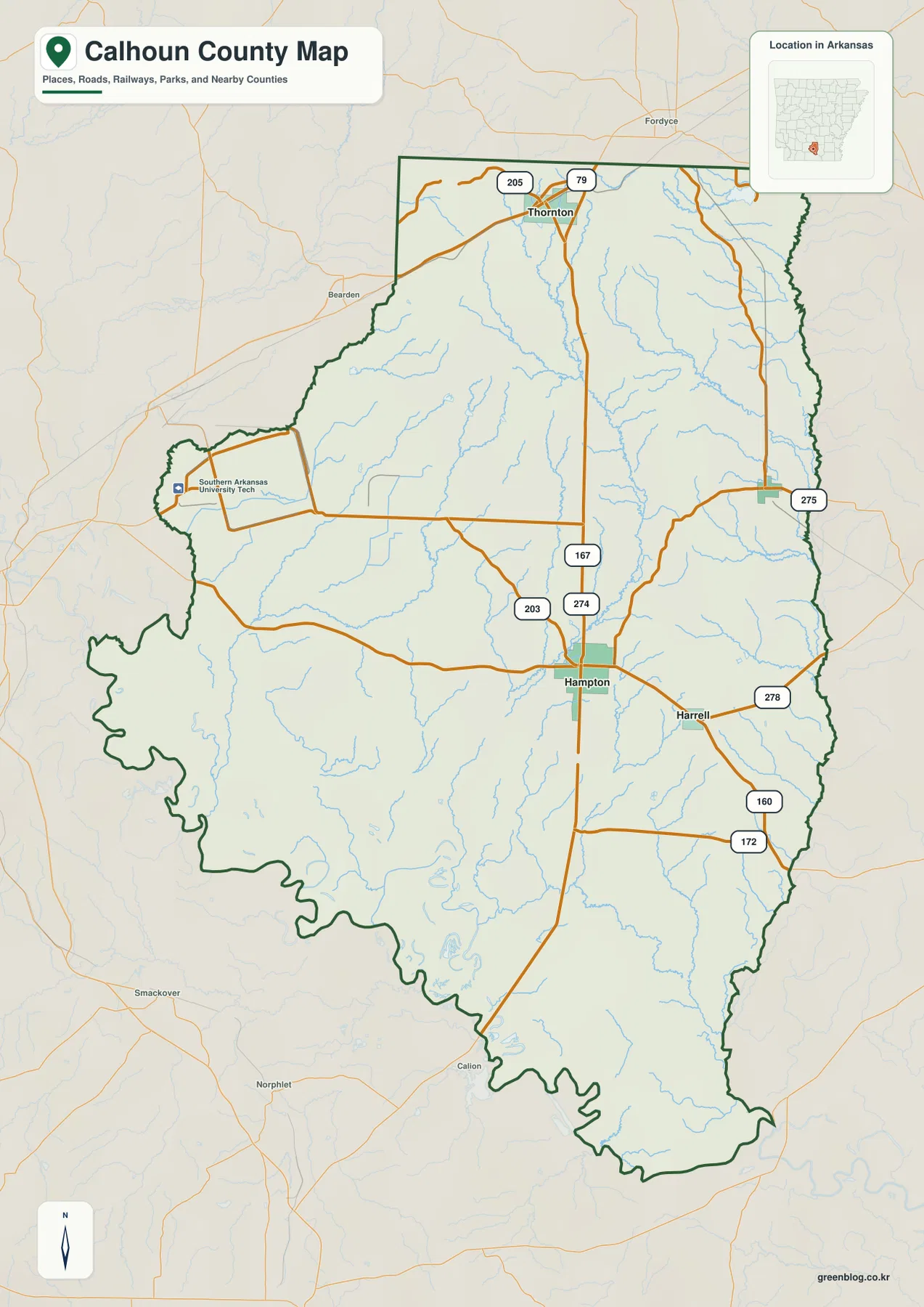Calhoun County Arkansas map showing Hampton, Thornton, Harrell, Highway 167 and other numbered roads within the county boundary