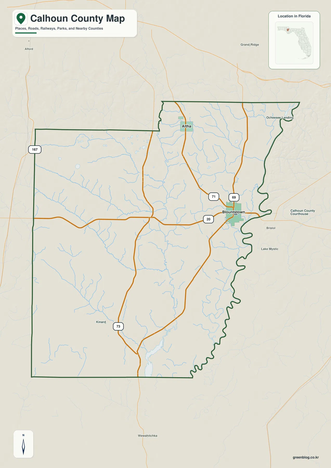Calhoun County Florida map showing Blountstown, Altha, major state roads, and county boundaries