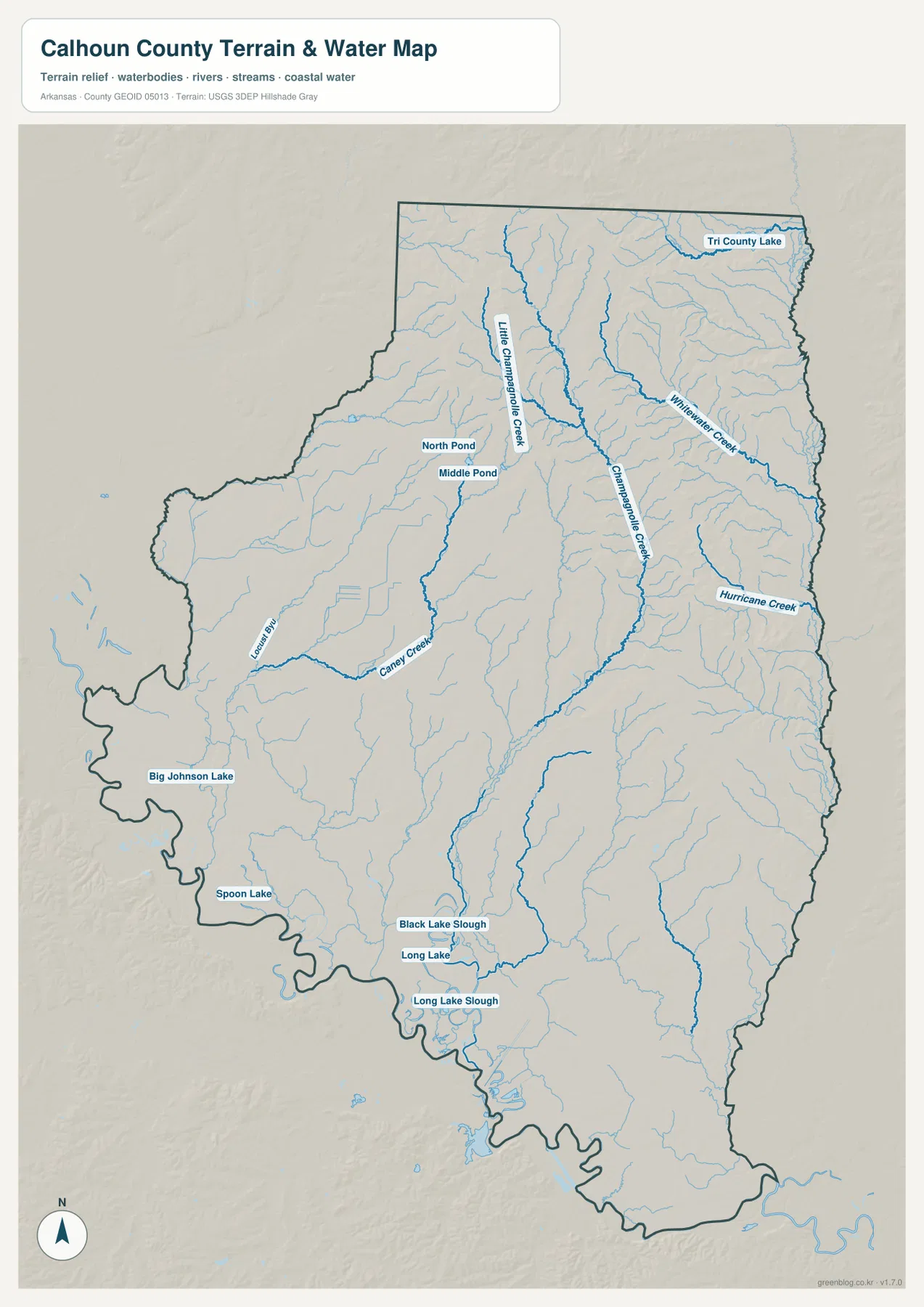 Calhoun County water map showing Champagnolle Creek, Whitewater Creek, Hurricane Creek, Long Lake, ponds, lakes, and sloughs