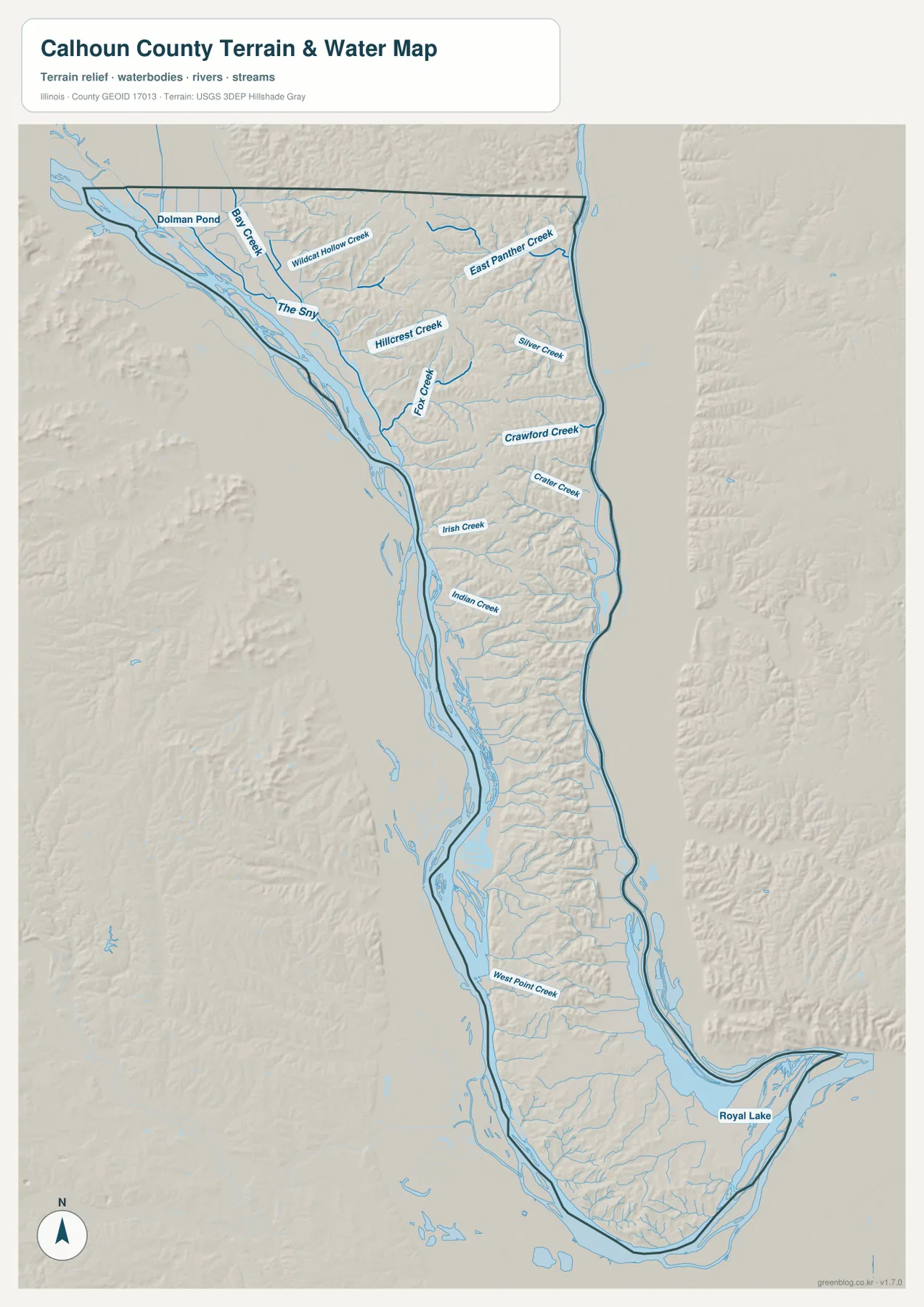 The Sny, Bay Creek, East Panther Creek, Silver Creek, Fox Creek, Indian Creek, West Point Creek와 Royal Lake를 보여 주는 캘훈 카운티 수역 지형 지도