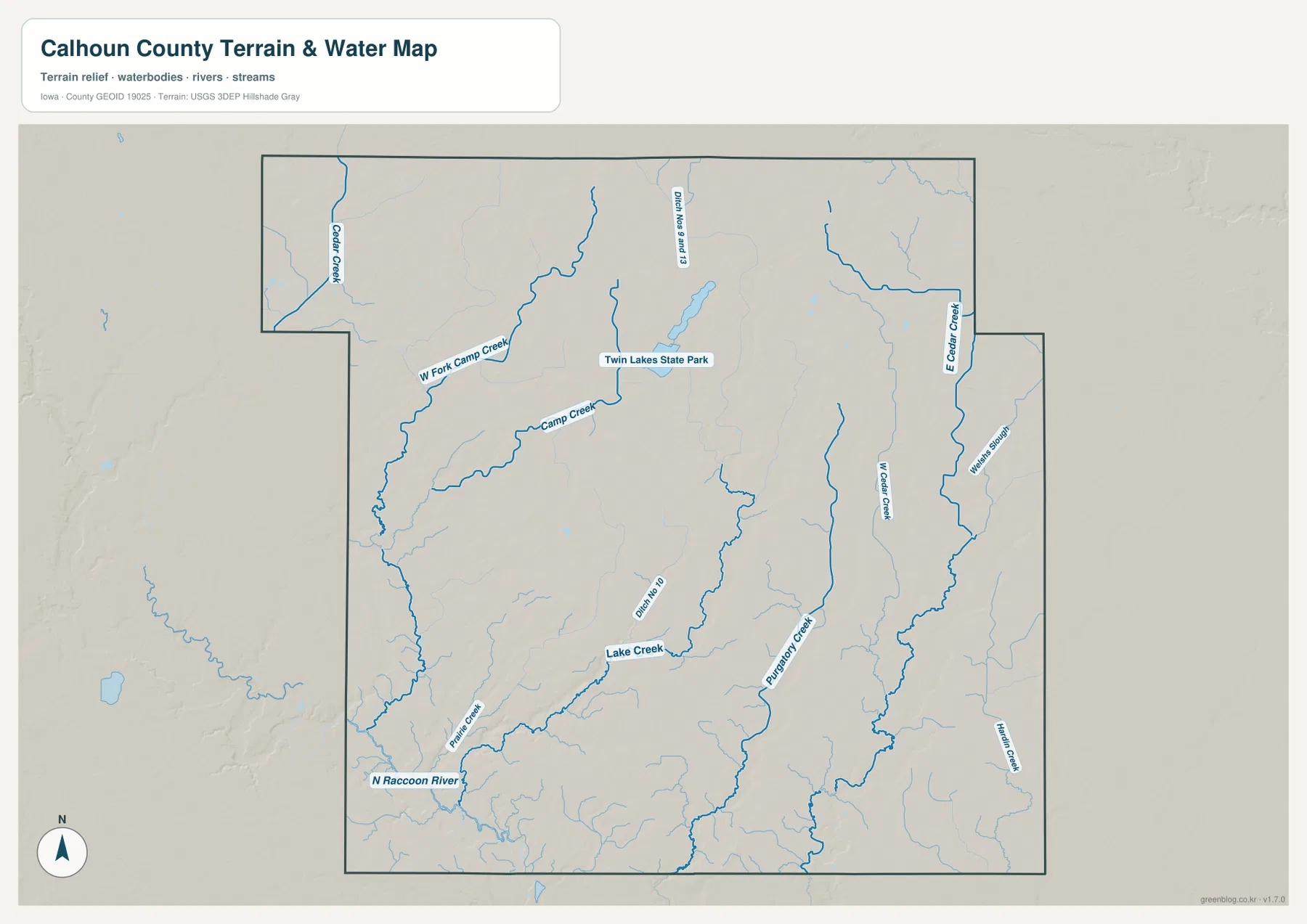 Calhoun County terrain and water map showing Twin Lakes, Cedar Creek, Camp Creek, Lake Creek, Purgatory Creek, and the North Raccoon River