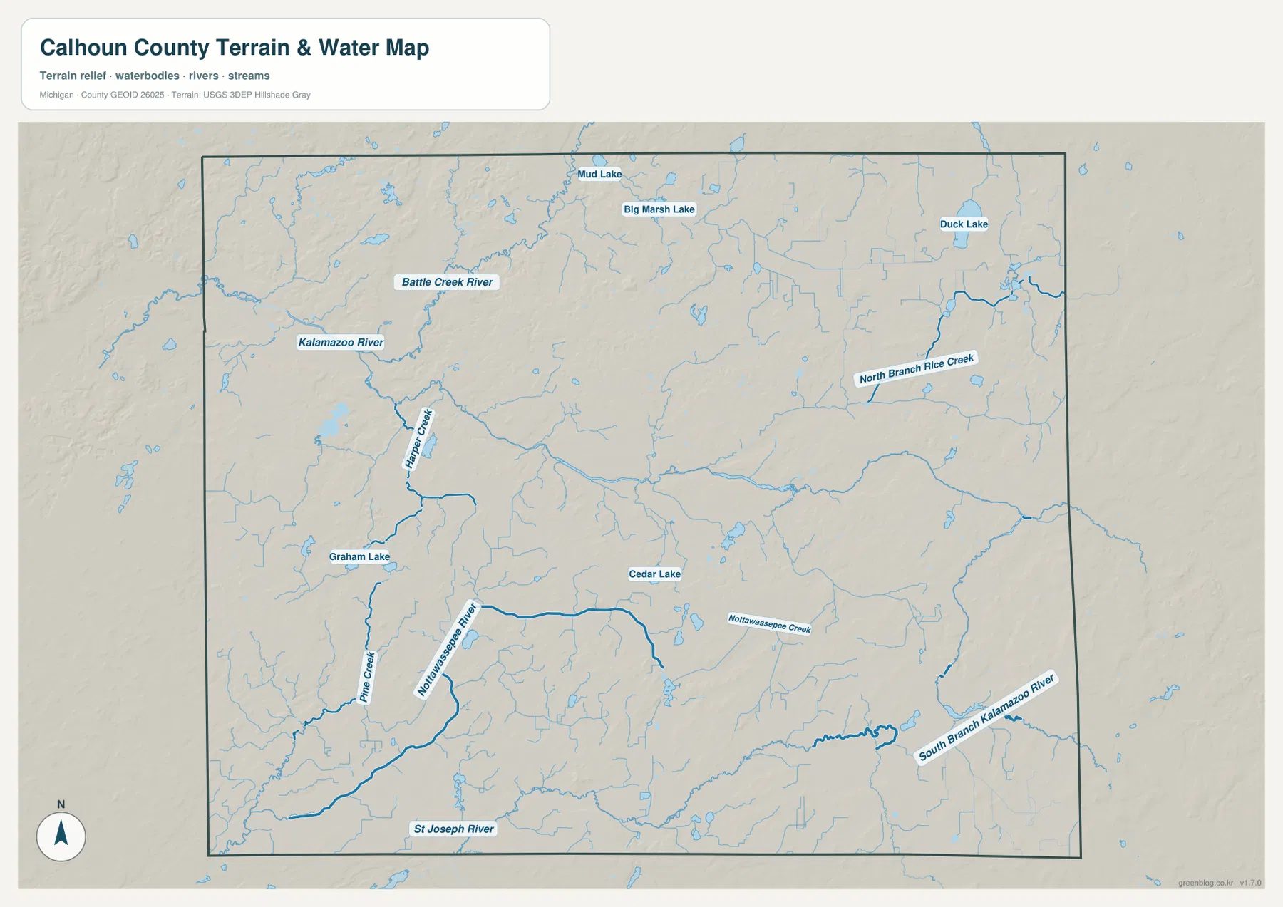 Calhoun County terrain and water map showing Kalamazoo River, Battle Creek River, Harper Creek, Nottawasepee River, St. Joseph River, South Branch Kalamazoo River and several lakes