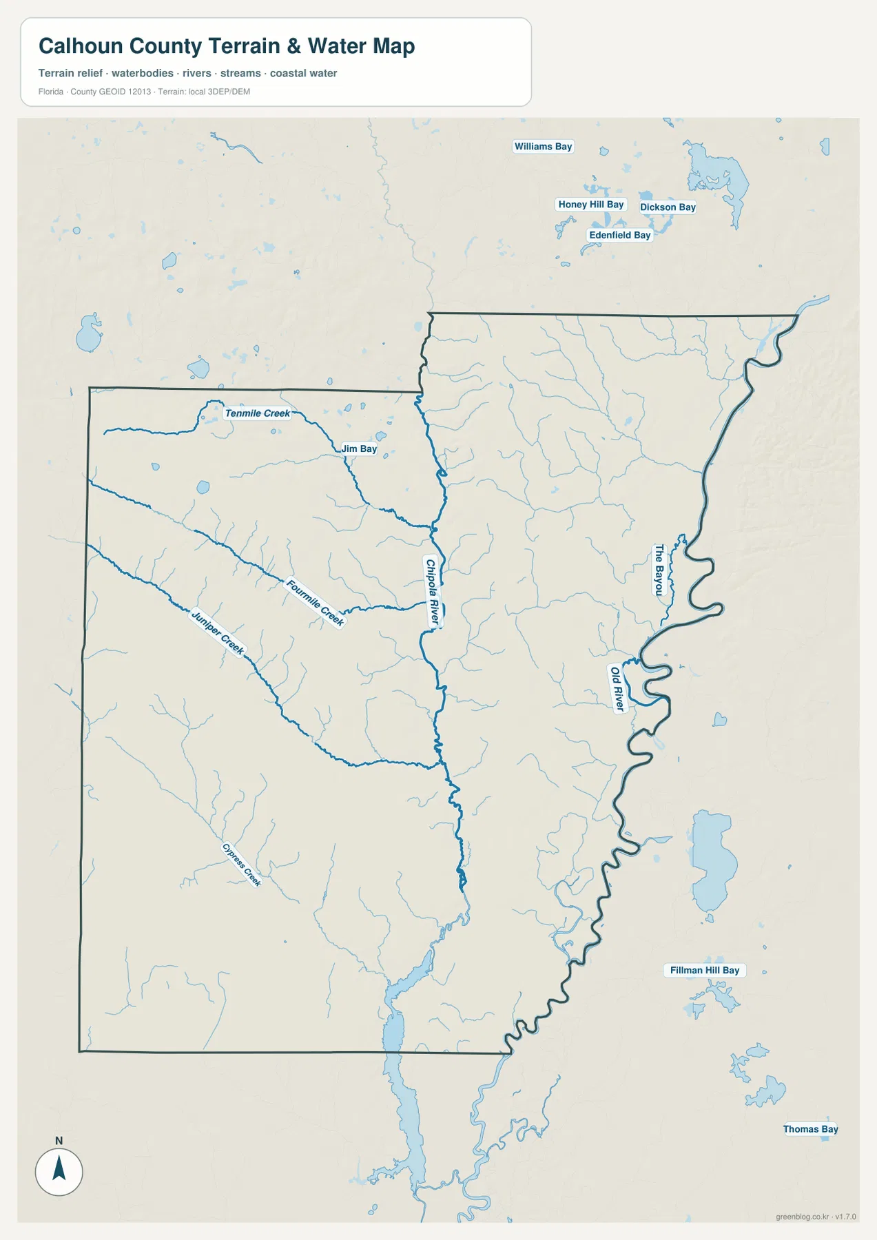 Calhoun County terrain and water map showing the Chipola River, creeks, and eastern river features