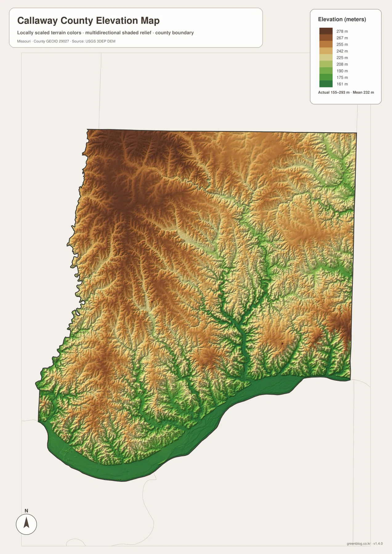 Callaway County Missouri elevation map showing higher northwest ridges, Middle River and Auxvasse Creek valleys, and Missouri River lowlands