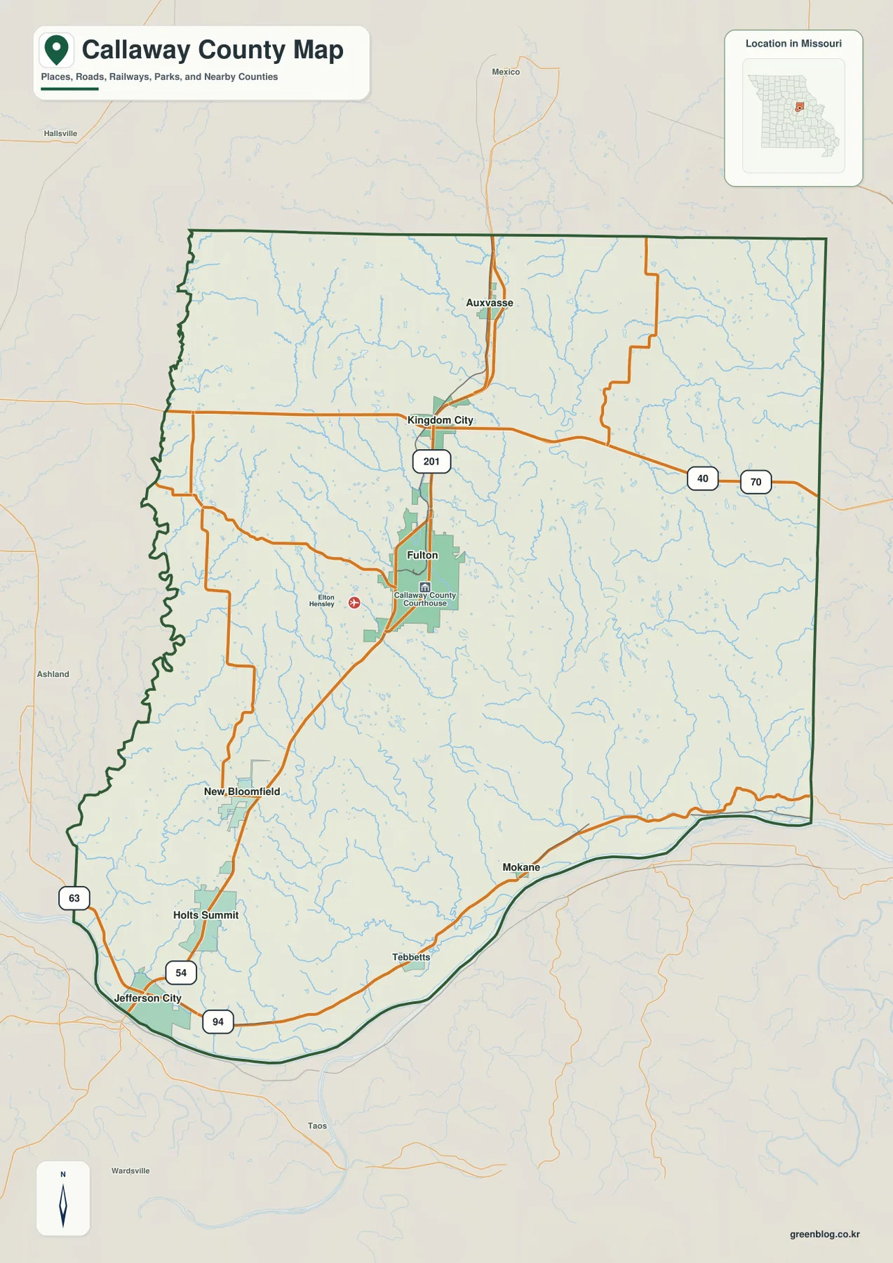 Callaway County Missouri map showing Fulton, Kingdom City, Auxvasse, New Bloomfield, Holts Summit, Mokane, and major roads