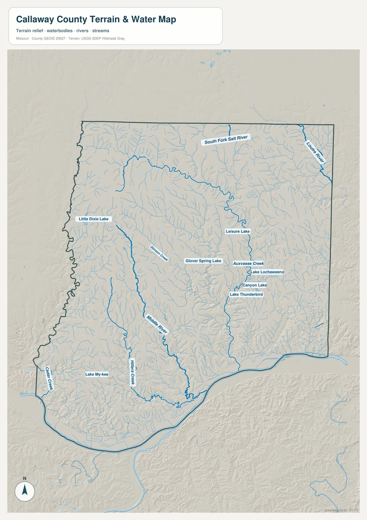 Callaway County terrain and water map showing the Missouri River, Middle River, Auxvasse Creek, South Fork Salt River, Loutre River, and lakes