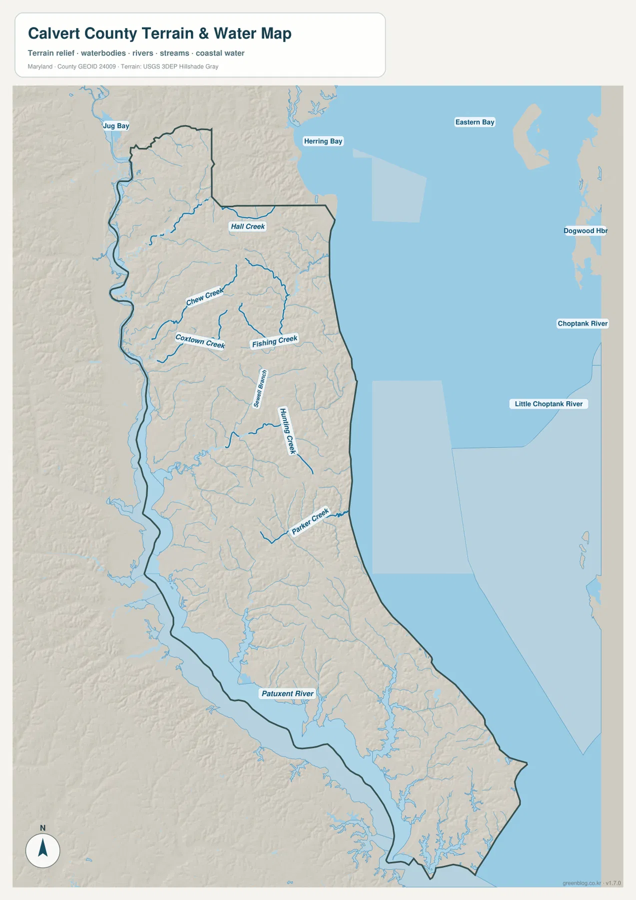 Calvert County 지형 수역 지도에 Patuxent River, Chesapeake Bay, Hall Creek, Chew Creek, Fishing Creek, Hunting Creek, Parker Creek이 표시된 모습