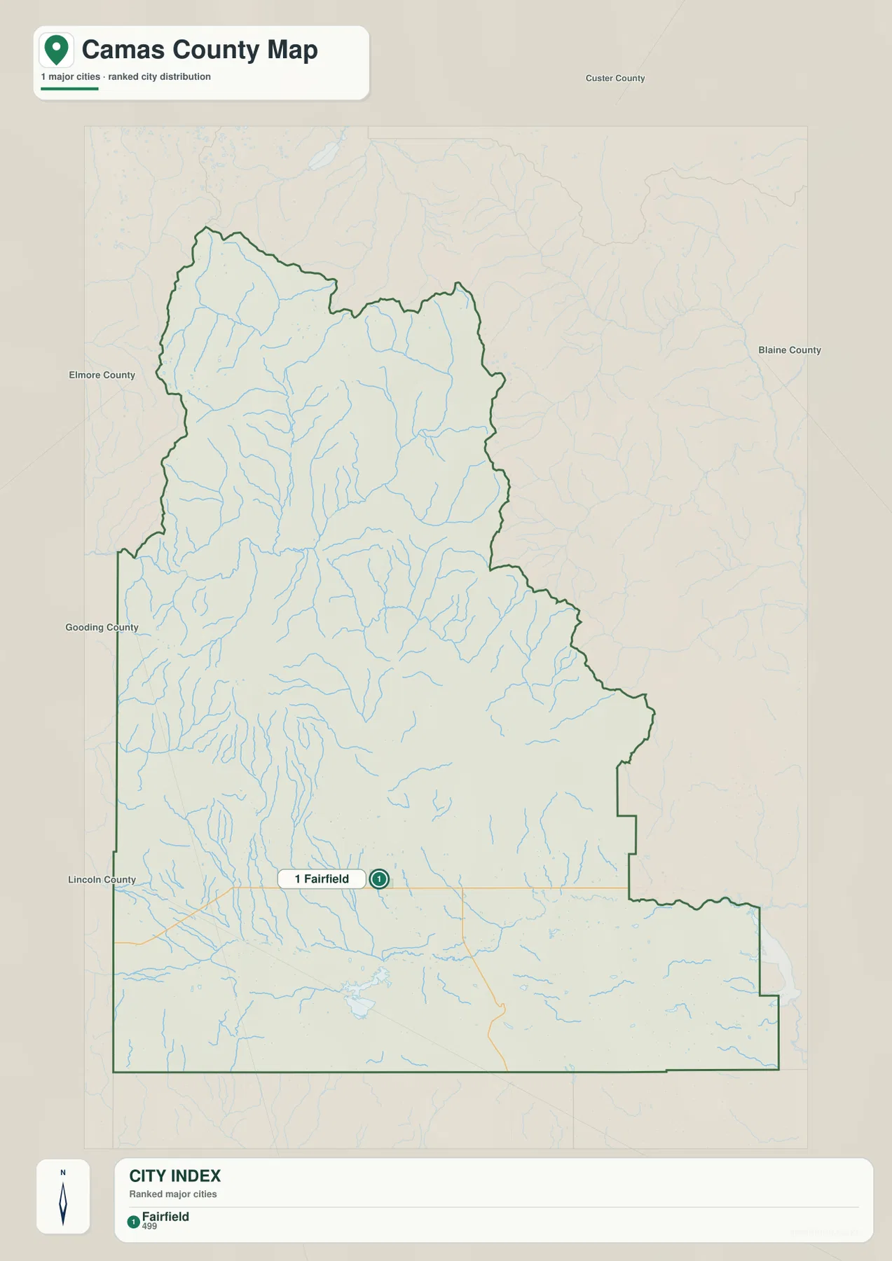 Camas County 도시 지도에 단독으로 표시된 Fairfield의 위치