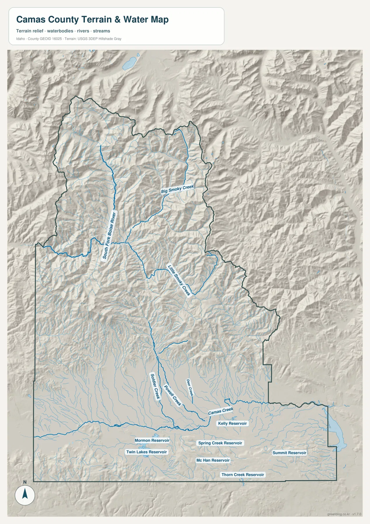 Camas County 수역 지도에 표시된 South Fork Boise River, Big Smoky Creek, Camas Creek과 여러 저수지